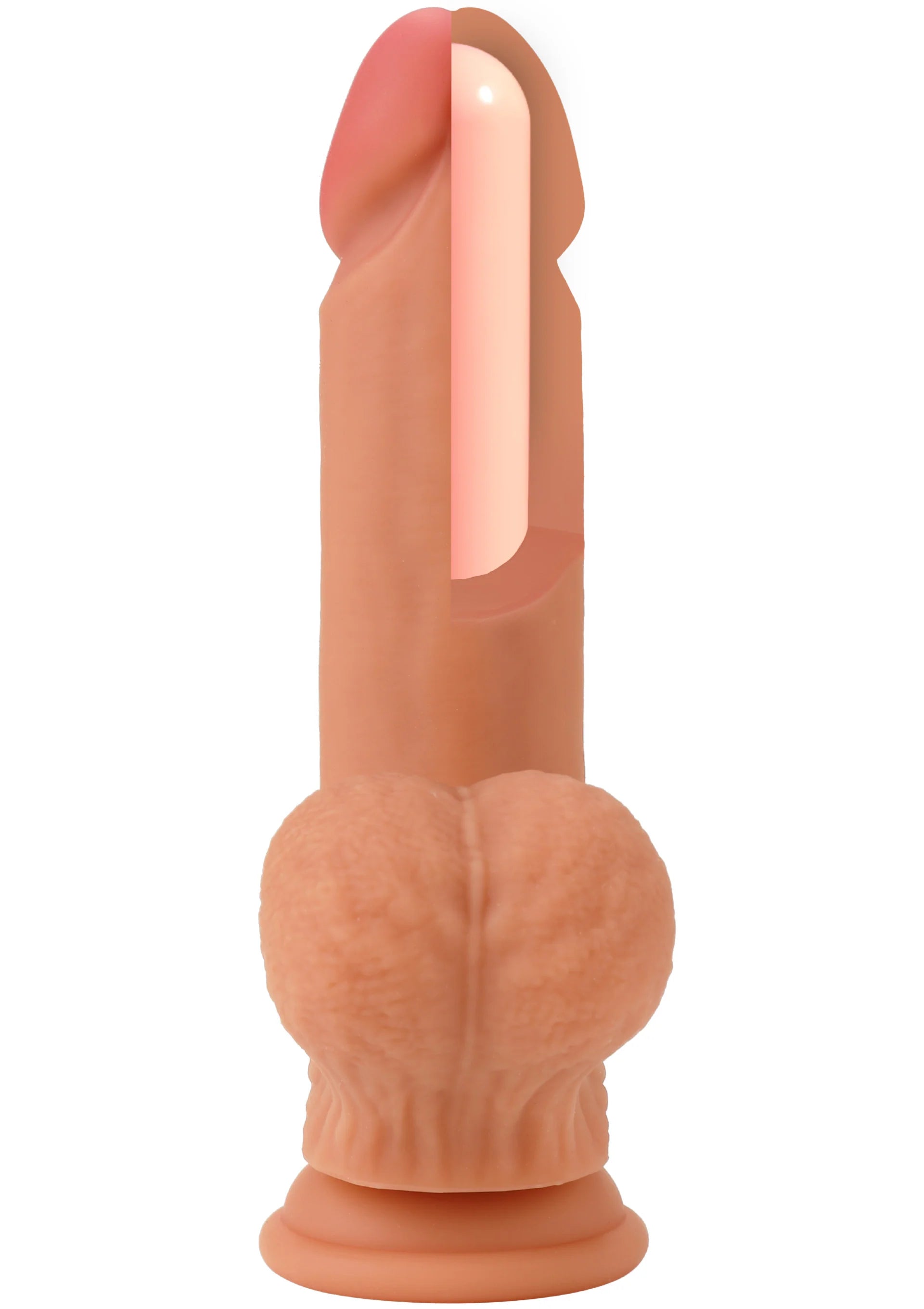 Realistische siliconen dildo, lichtbeige perzik tint, glanzende schacht en ronde voet