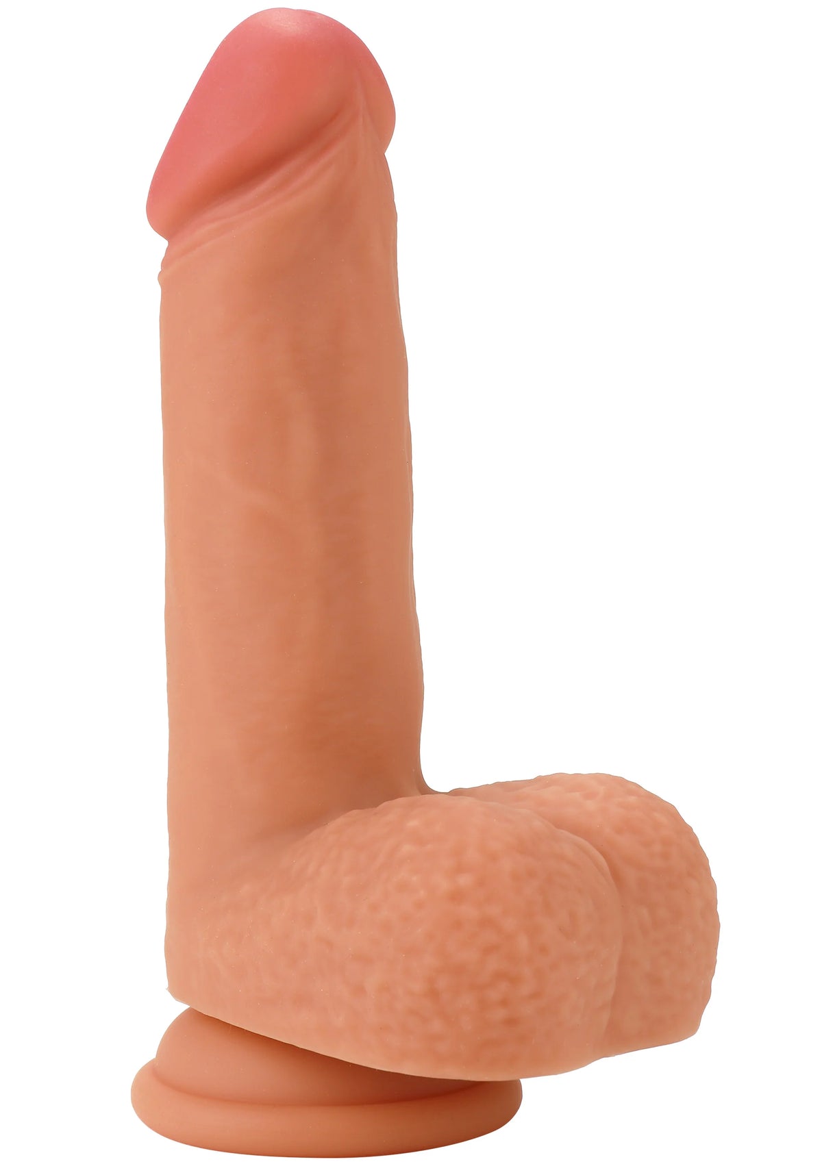 Realistische siliconen dildo van Hidden Desire, 20 cm, gebogen vorm, ronde basis, zachte textuur.