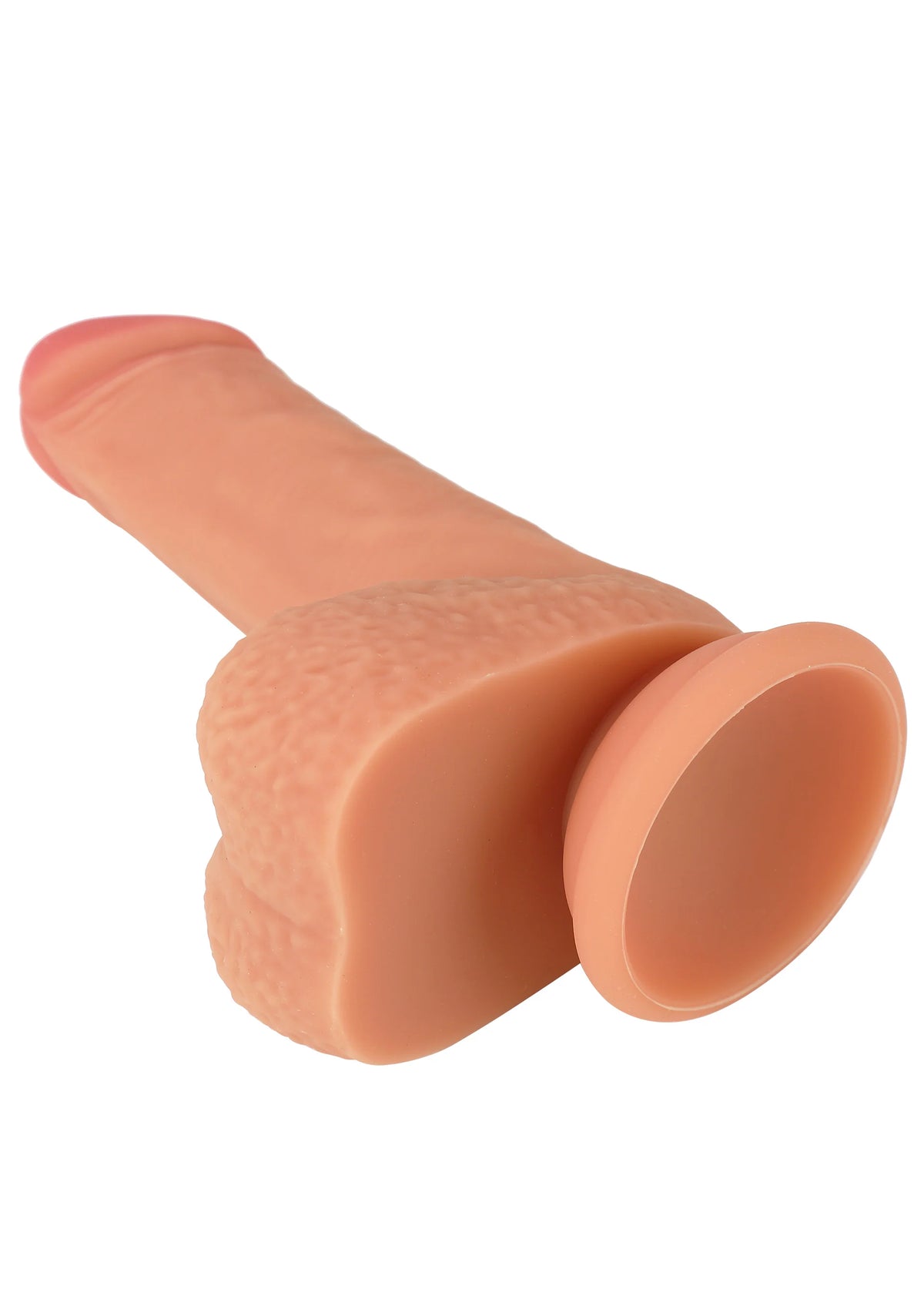 Realistische siliconen dildo, oranje tint, close-up van open basis en afgeronde punt