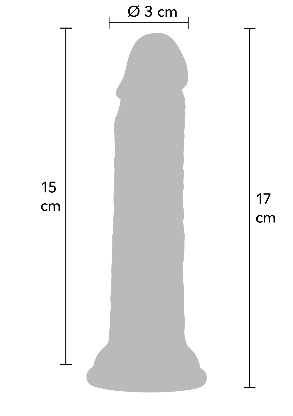 Grijze maattekening dildo: 17 cm lengte en Ø3 cm diameter