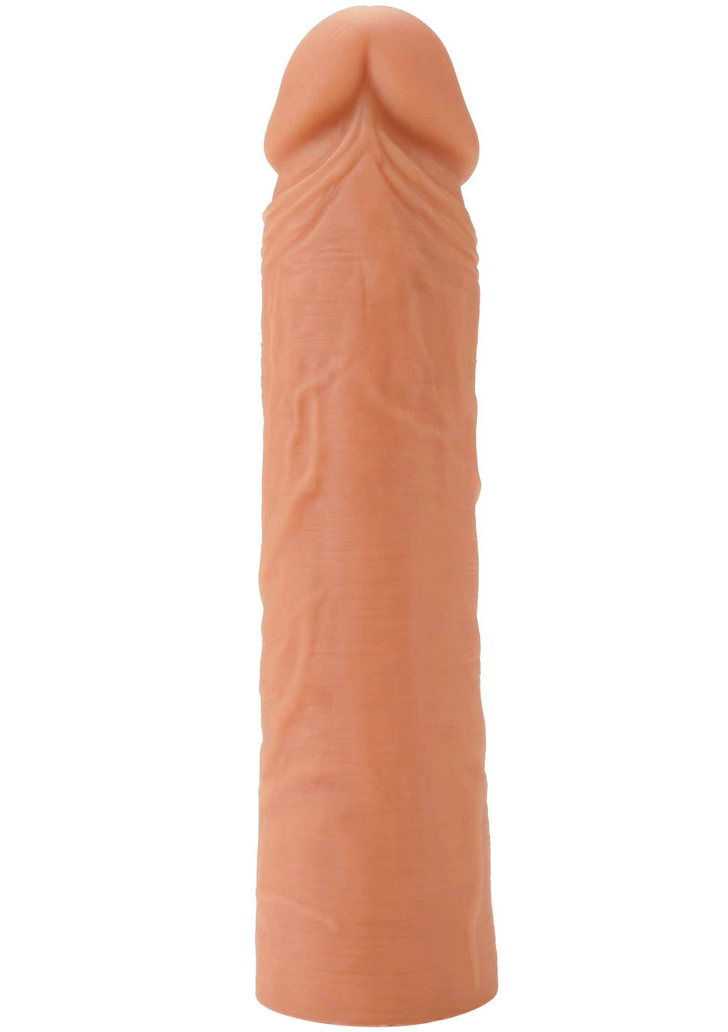 Siliconen penis-sleeve, donkeroranje, gerimpelde textuur bij de top