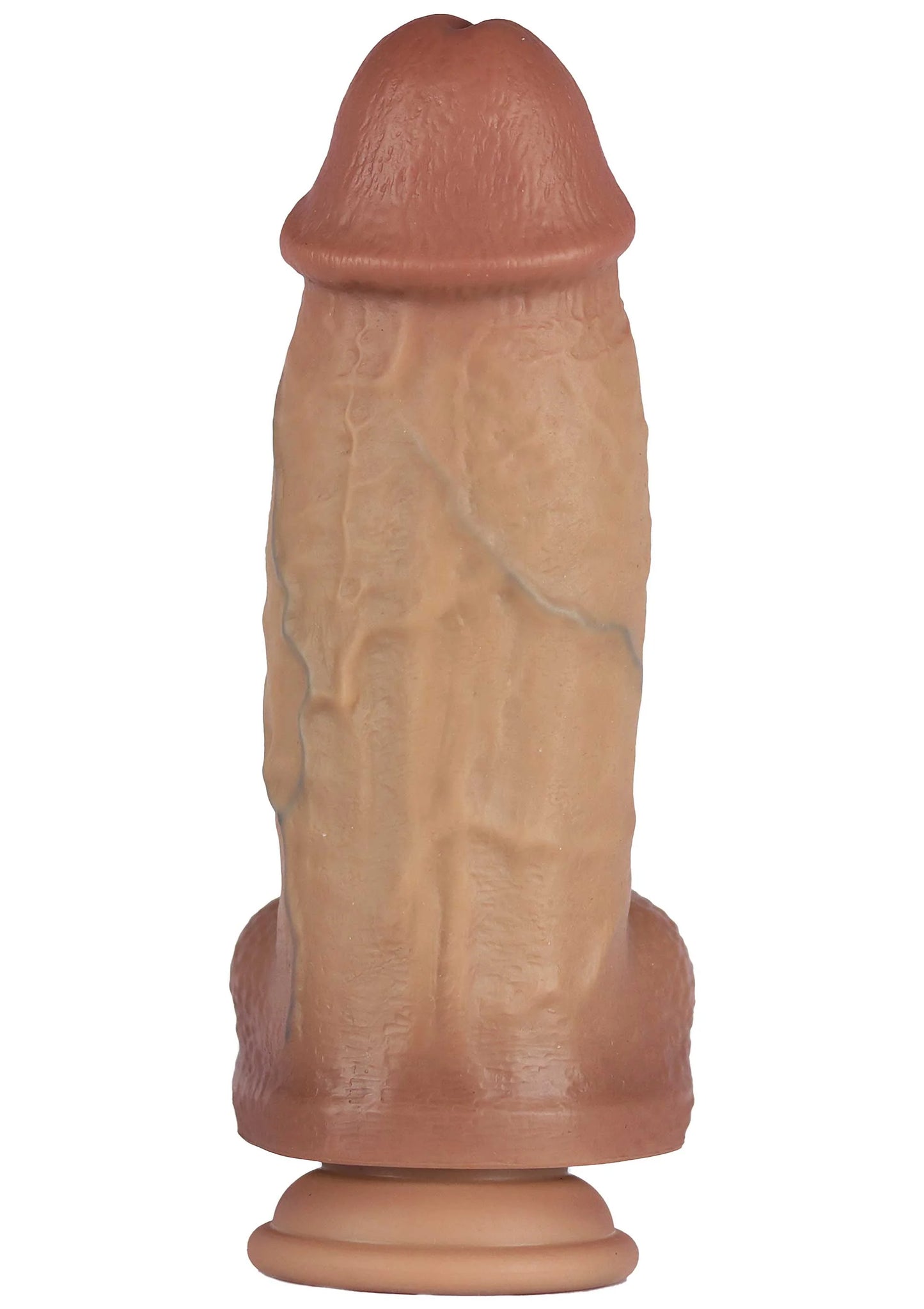 Siliconen dildo van voren, bruine kleur, realistische textuur en zuignapvoet