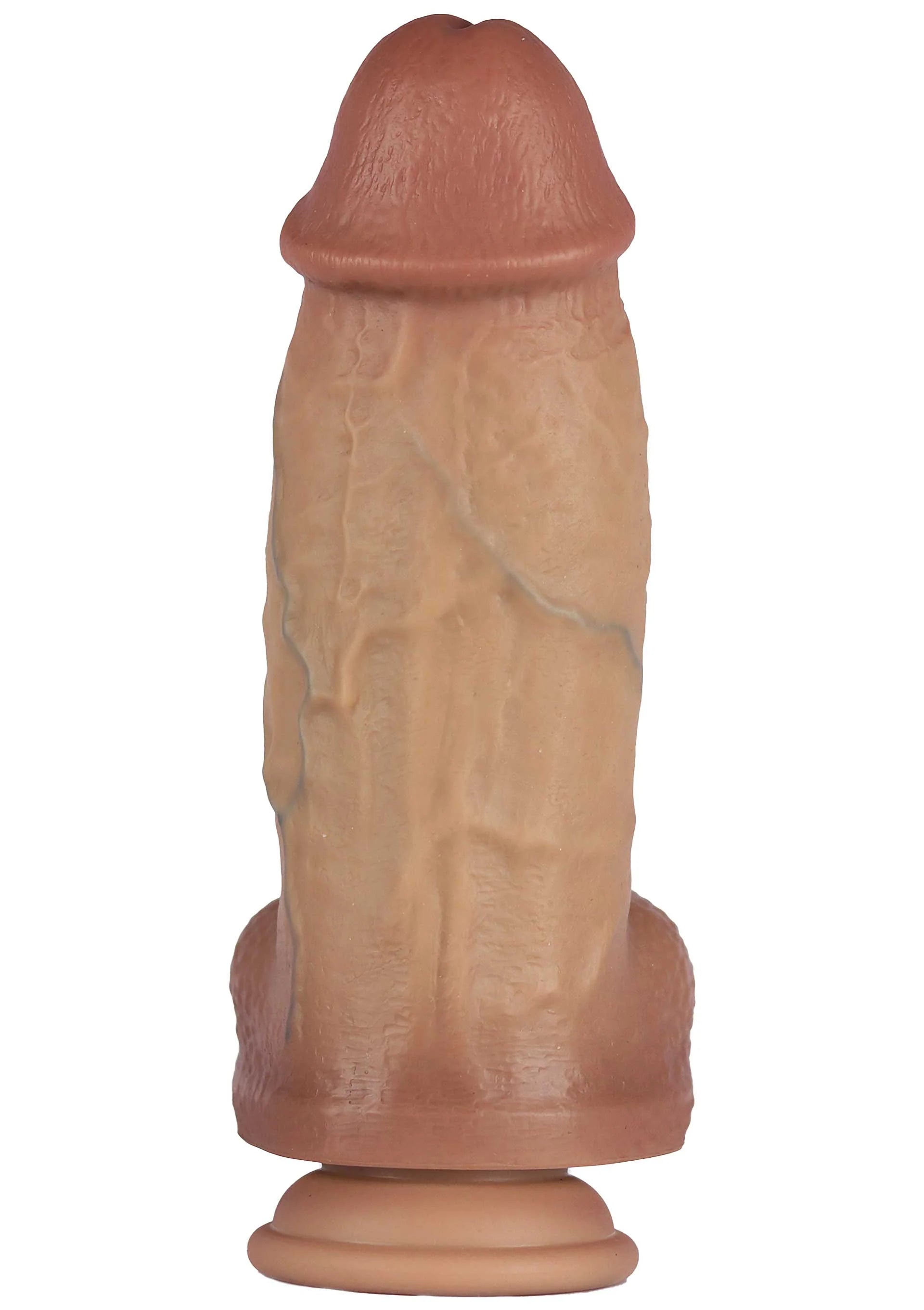 Siliconen dildo van voren, bruine kleur, realistische textuur en zuignapvoet