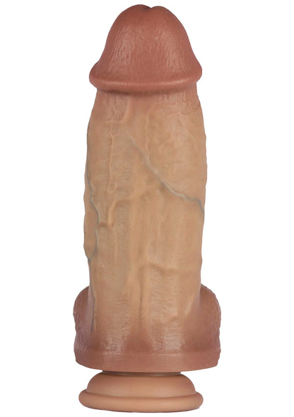 Siliconen dildo van voren, bruine kleur, realistische textuur en zuignapvoet