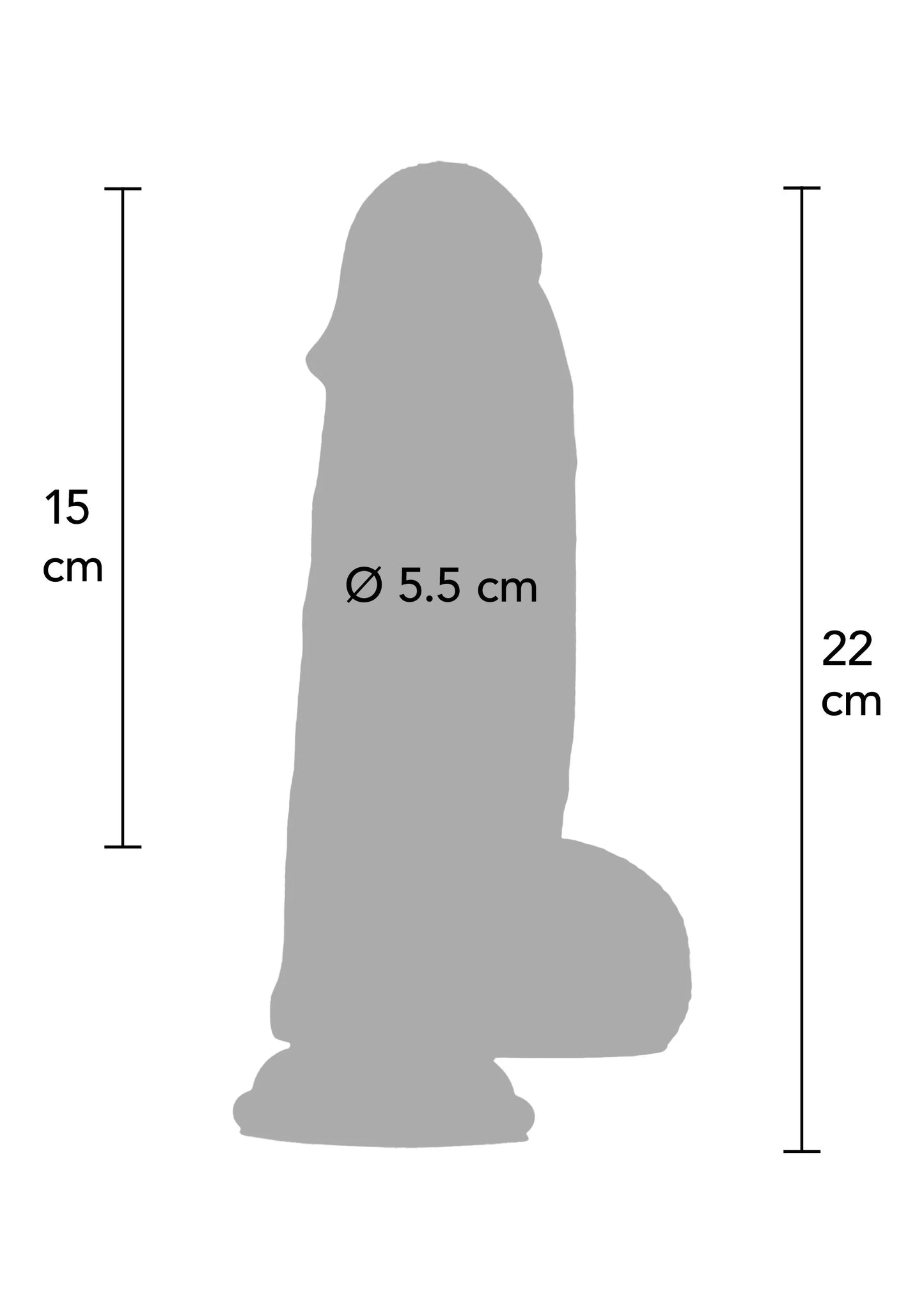 Maattabel: siliconen dildo 15 cm hoog, Ø 5,5 cm, 22 cm breedte