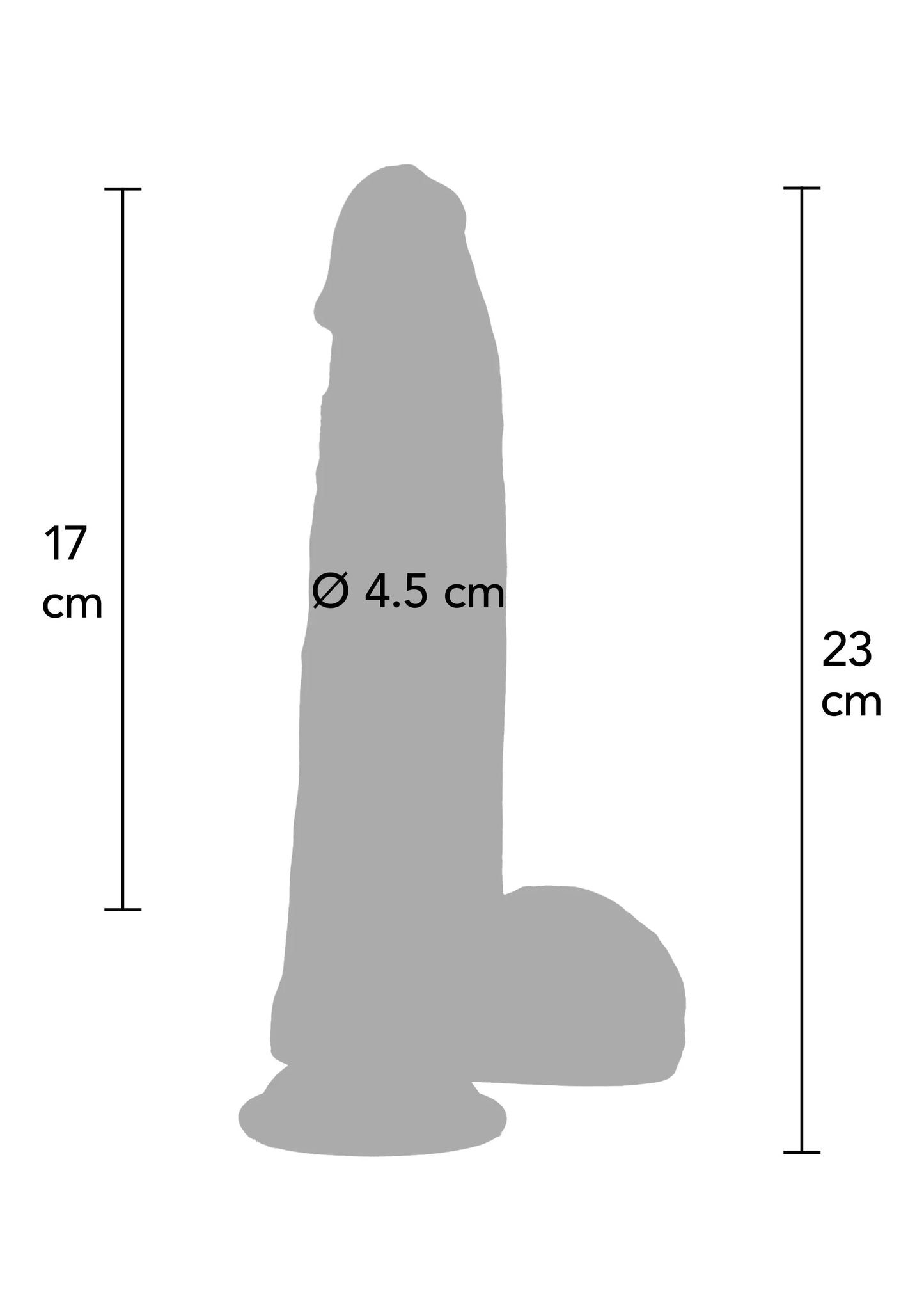 Silhouet van realistische siliconen dildo met afmetingen: 17 cm hoog, Ø 4,5 cm.