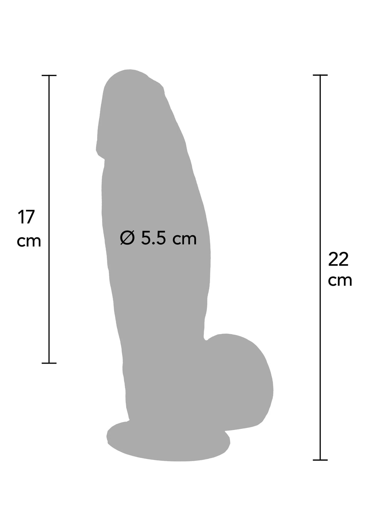 Afmetingenschets van siliconen dildo: lengte 22 cm, diameter 5,5 cm.