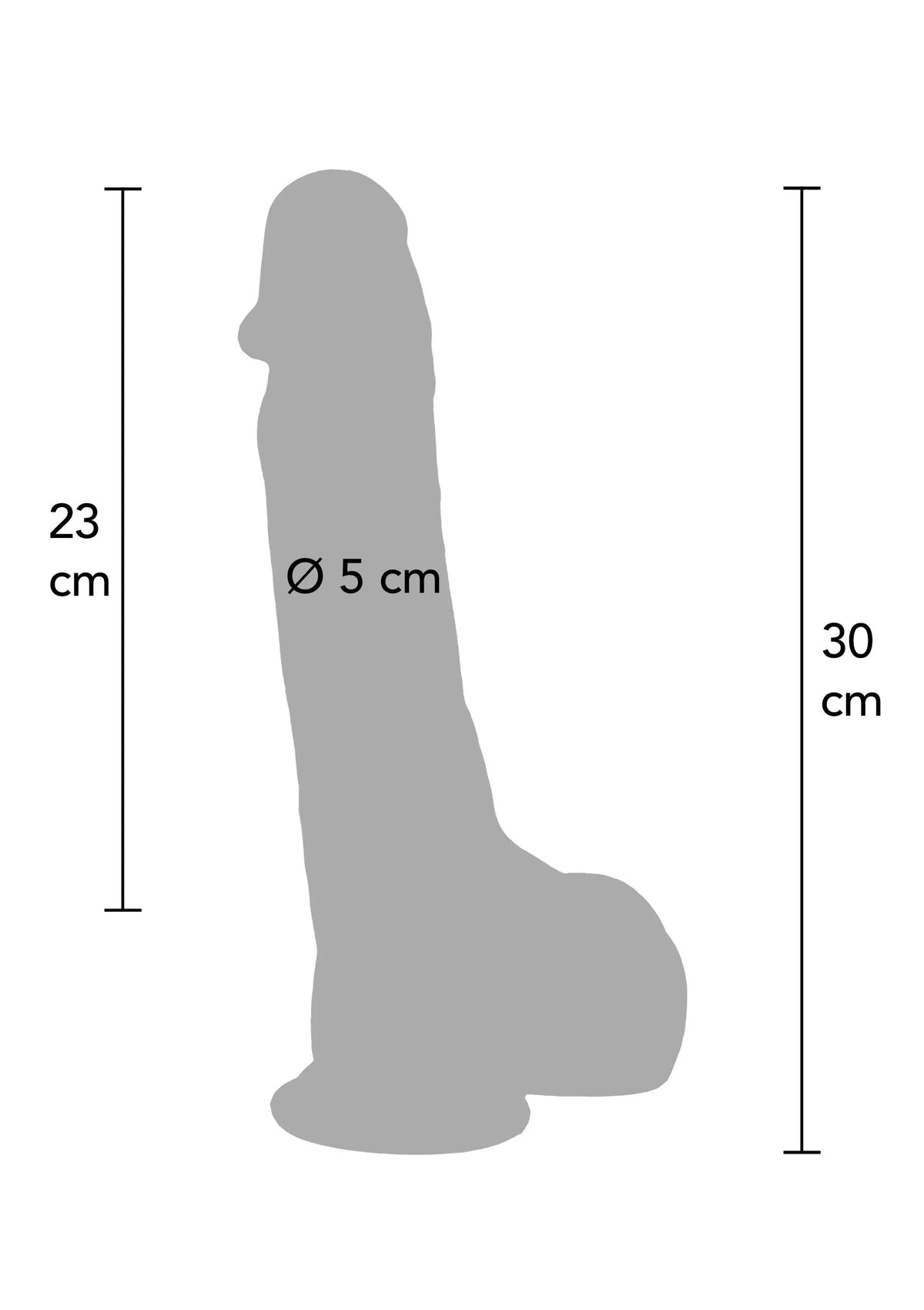 Maattabel van siliconen dildo: 23 cm hoog en 30 cm lang, Ø 5 cm.