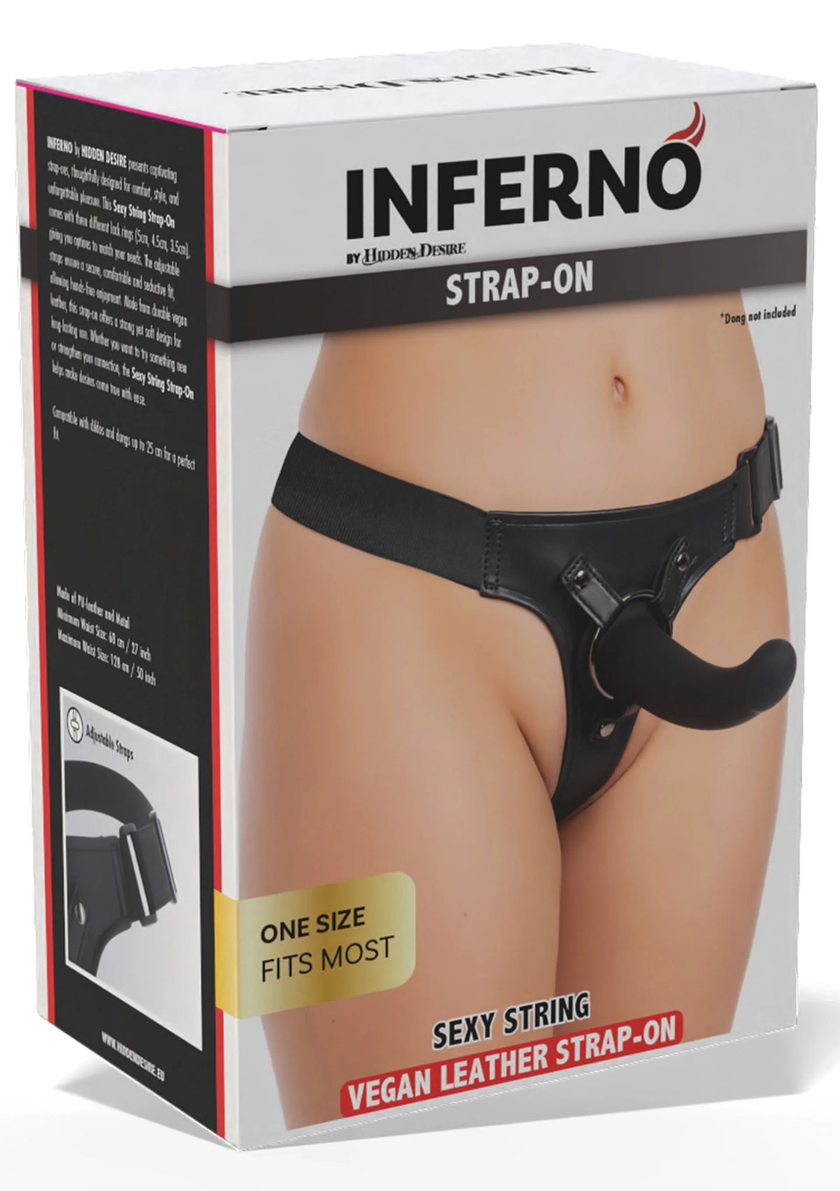 Inferno stringriem (Hidden Desire) op productdoos, zwarte vegan leather band