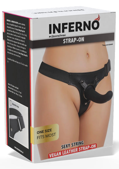 Inferno stringriem (Hidden Desire) op productdoos, zwarte vegan leather band