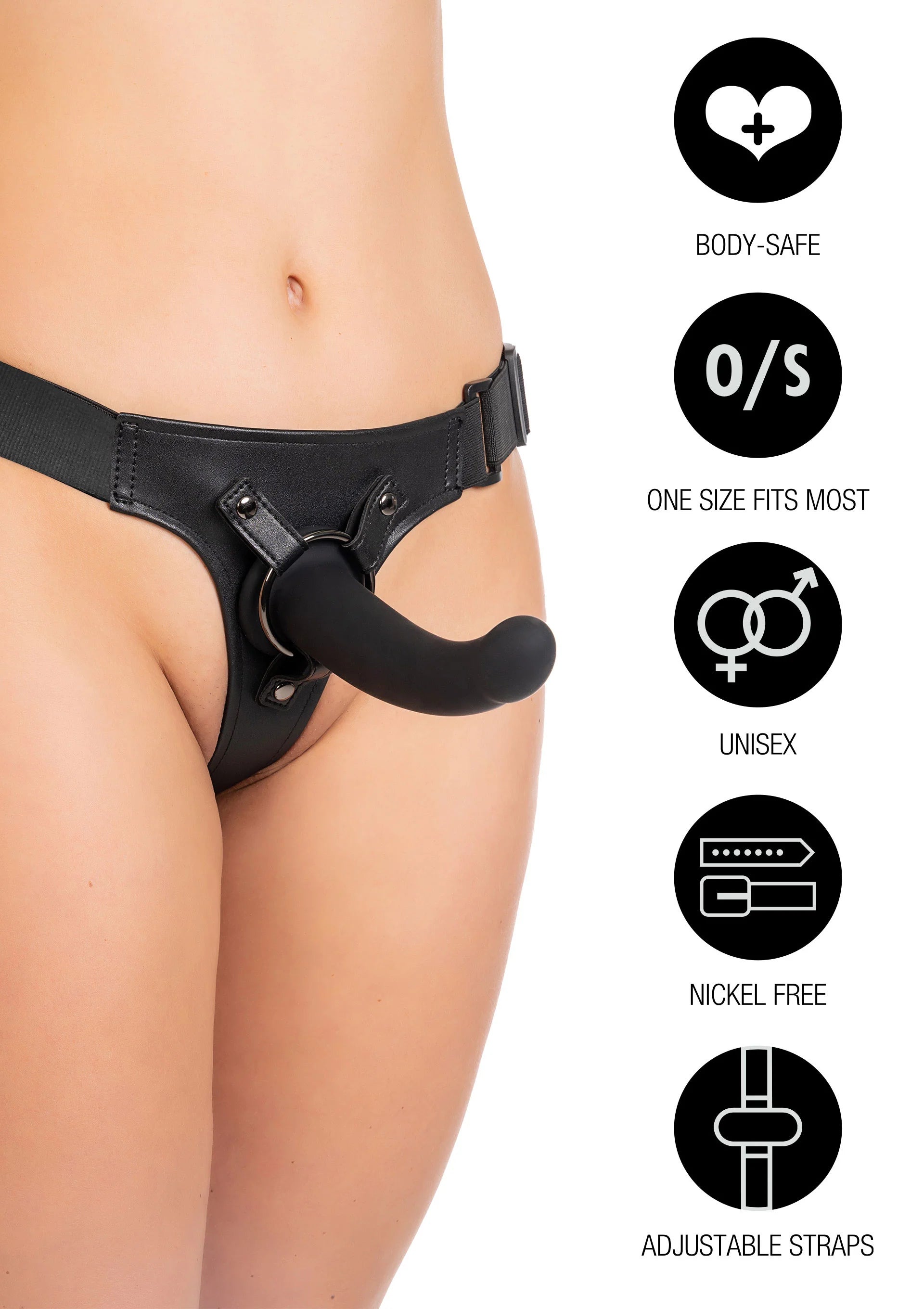 Zwarte string-strap-on met verstelbare bandjes en afgerond inzetstuk