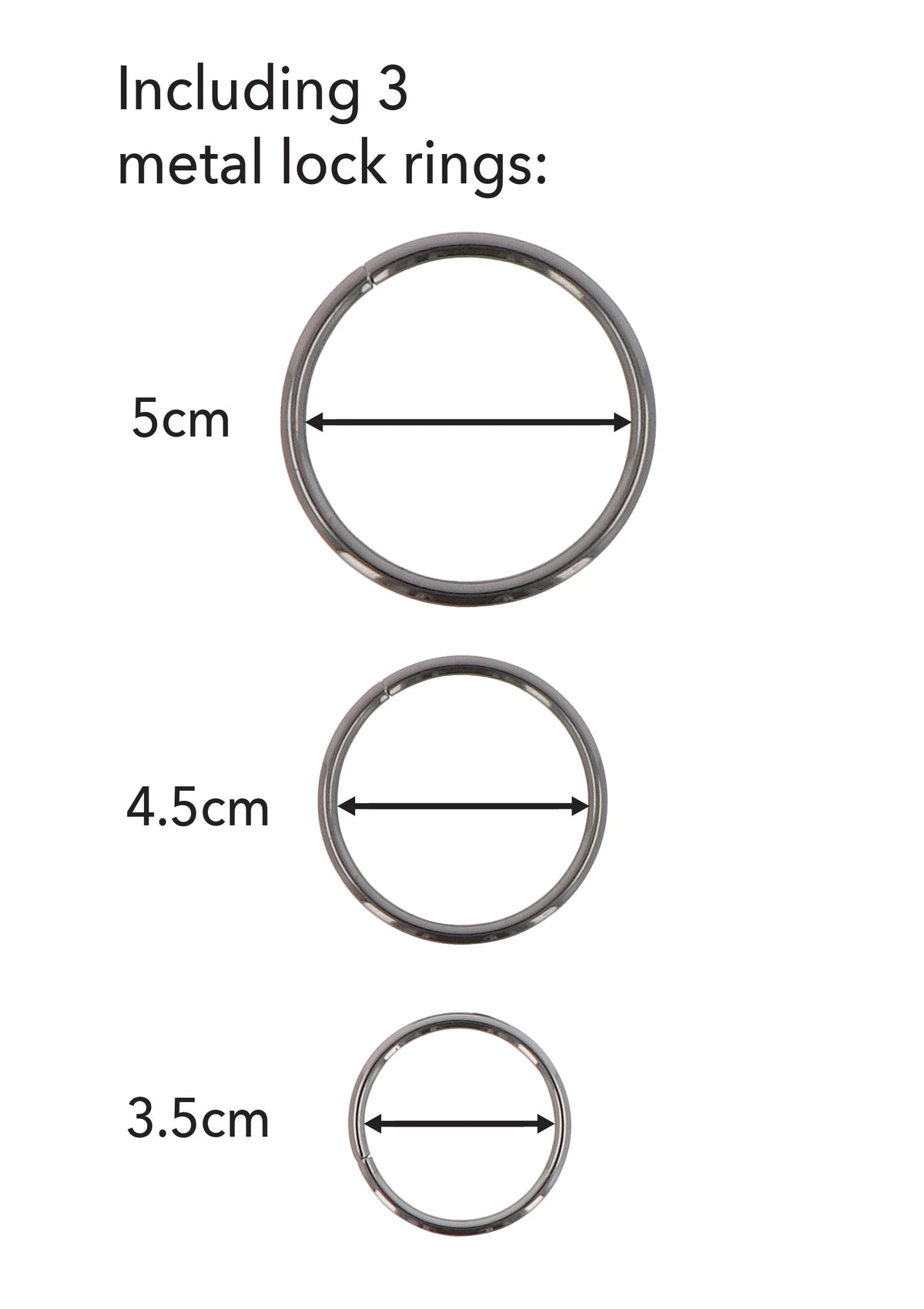 Drie metalen lockringen voor strap-on harnas, maten 5/4,5/3,5 cm