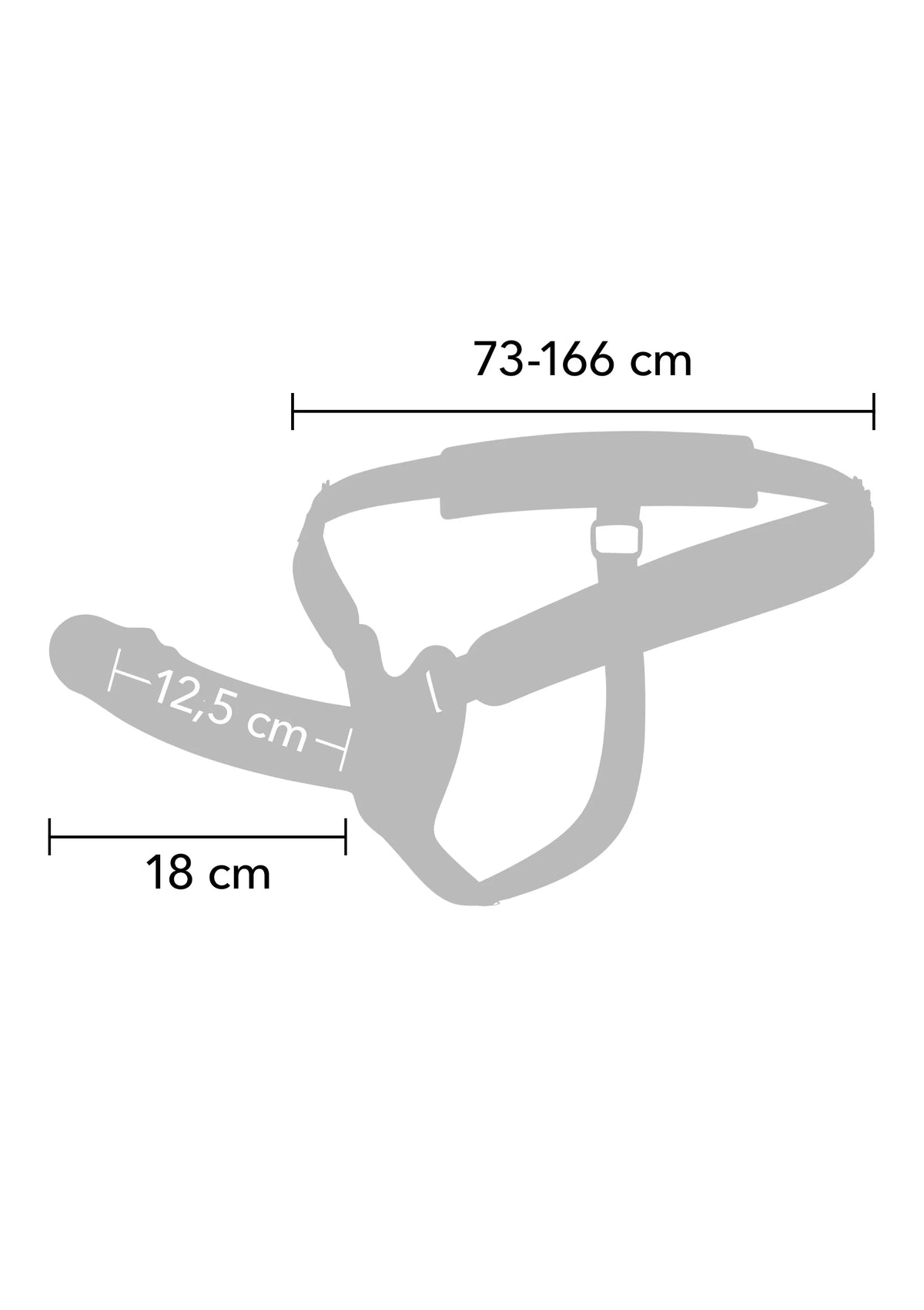 Afmetingen: holle penis 18 cm en riemlengte 73–166 cm