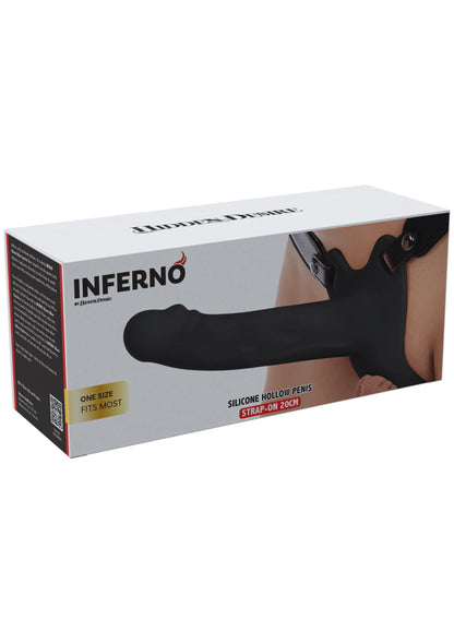 INFERNO verpakking met zwarte holle penisprothese en strap-on riem