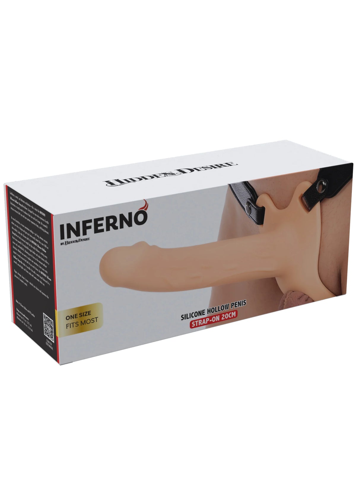 Verpakking van INFERNO strap-on met huidkleurige holle penis en riem
