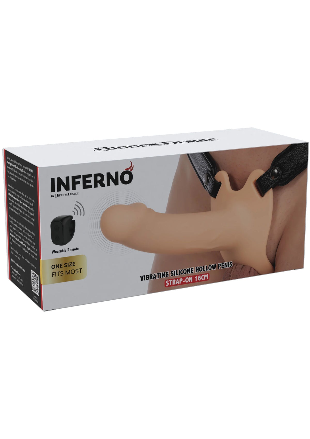 Doos van Inferno vibrerende strapon met holle penisvorm, 16 cm