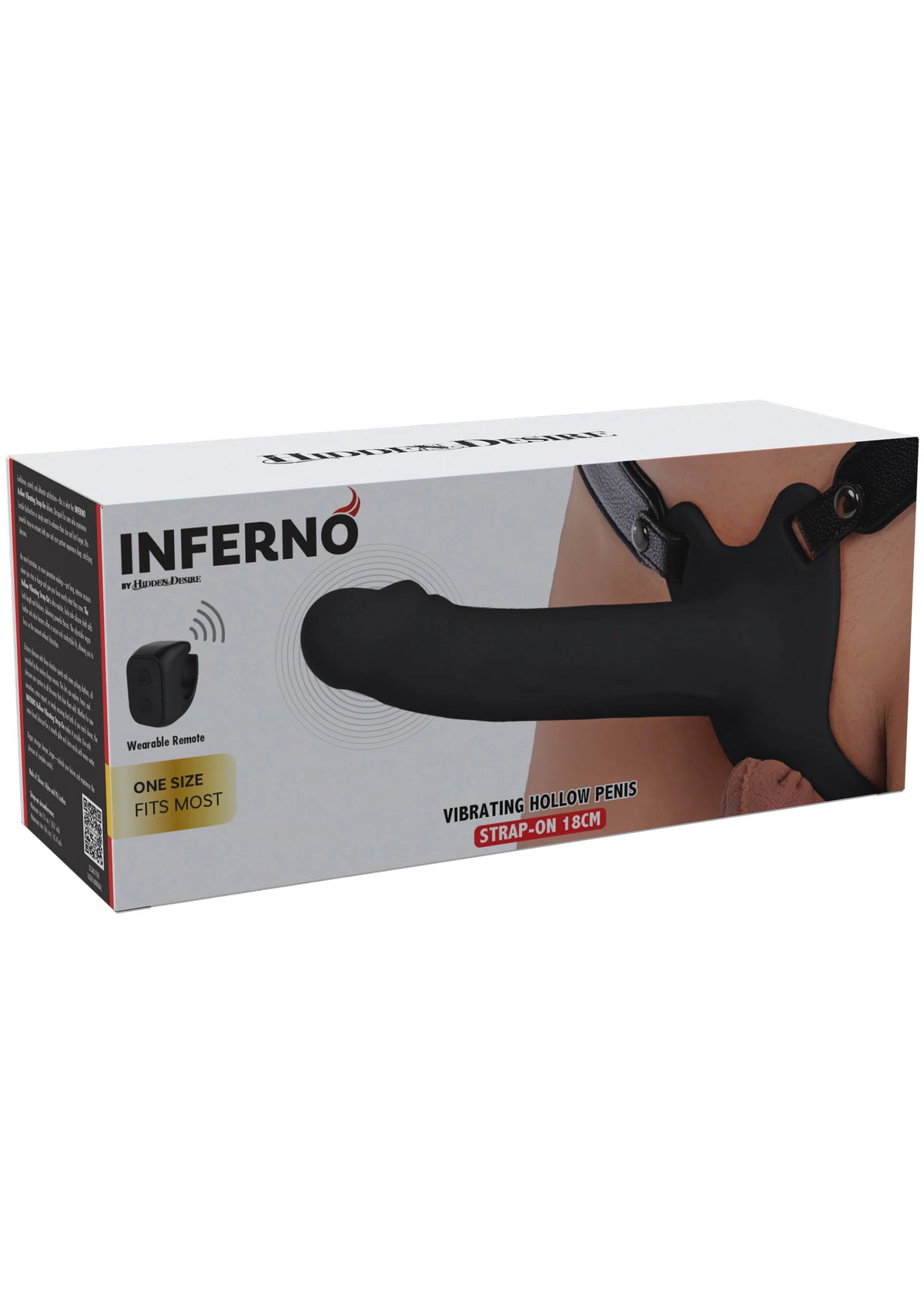 Zwarte Inferno vibrator strapon met 18 cm, verpakking in doos