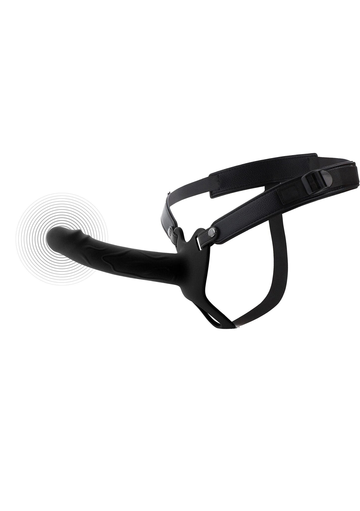 Zwarte harness met huidkleurige holle strapon en trillingspictogrammen