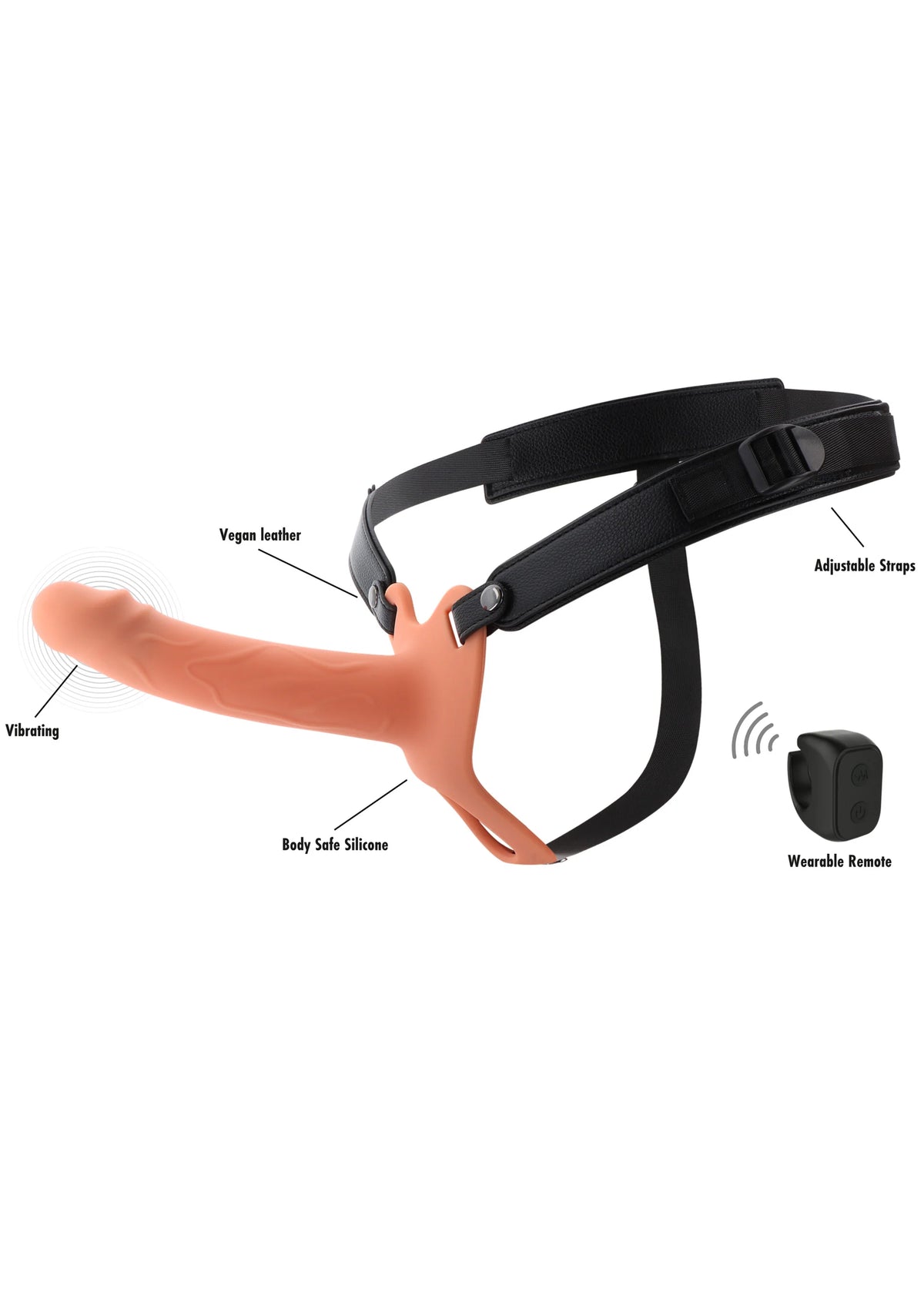 Strapon-schema: vegan leather riem, body-safe siliconen, trillingen en wearables