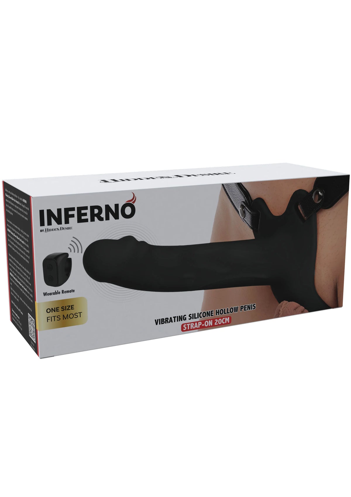 Verpakking van zwarte vibrerende strap-on met hol siliconen inzet en riem