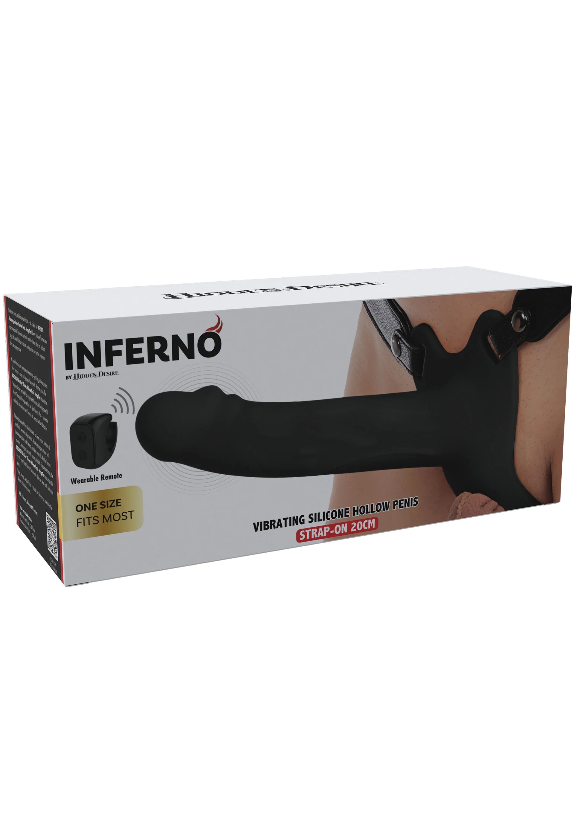 Verpakking van zwarte vibrerende strap-on met hol siliconen inzet en riem