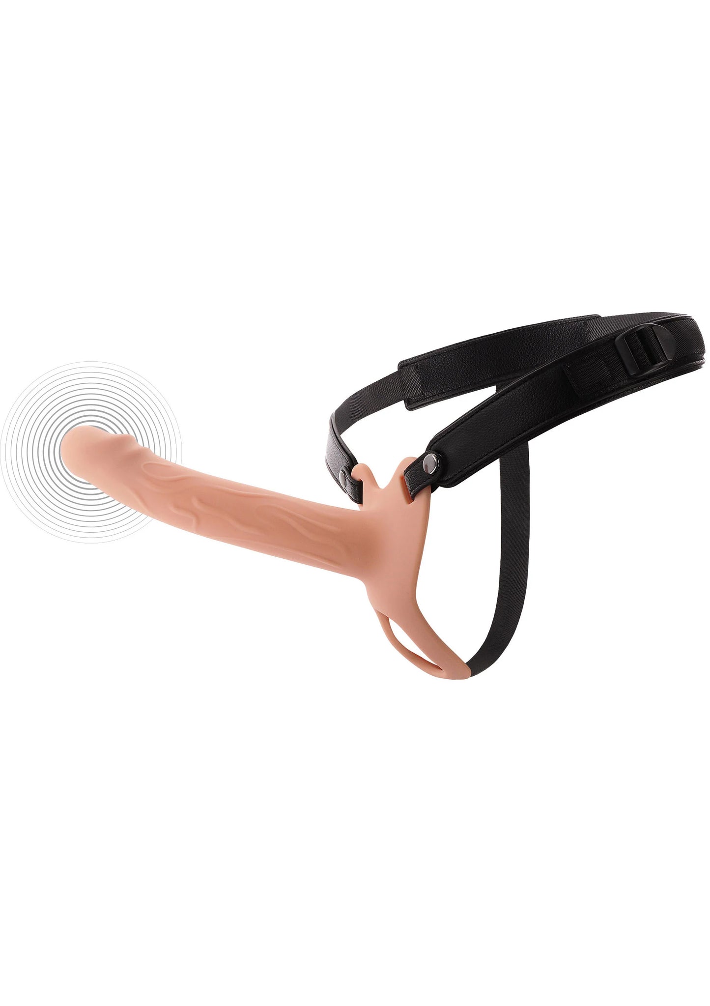 Zwarte strap-on vibrator met holle inzet en verstelbare draagriem