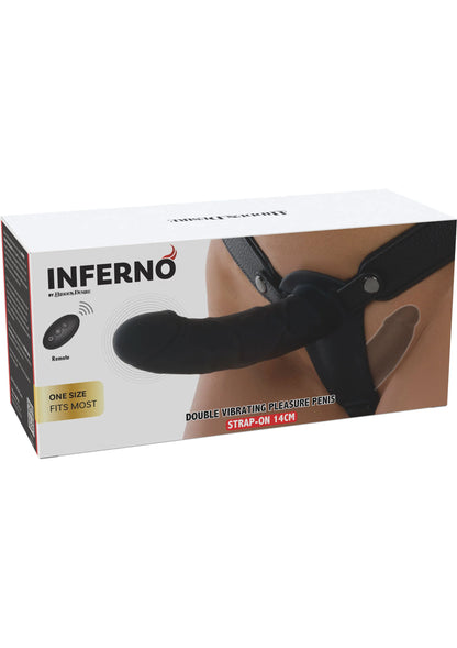 Verpakking van zwarte strap-on dildovibrator Inferno met dubbele vibratie, 14 cm