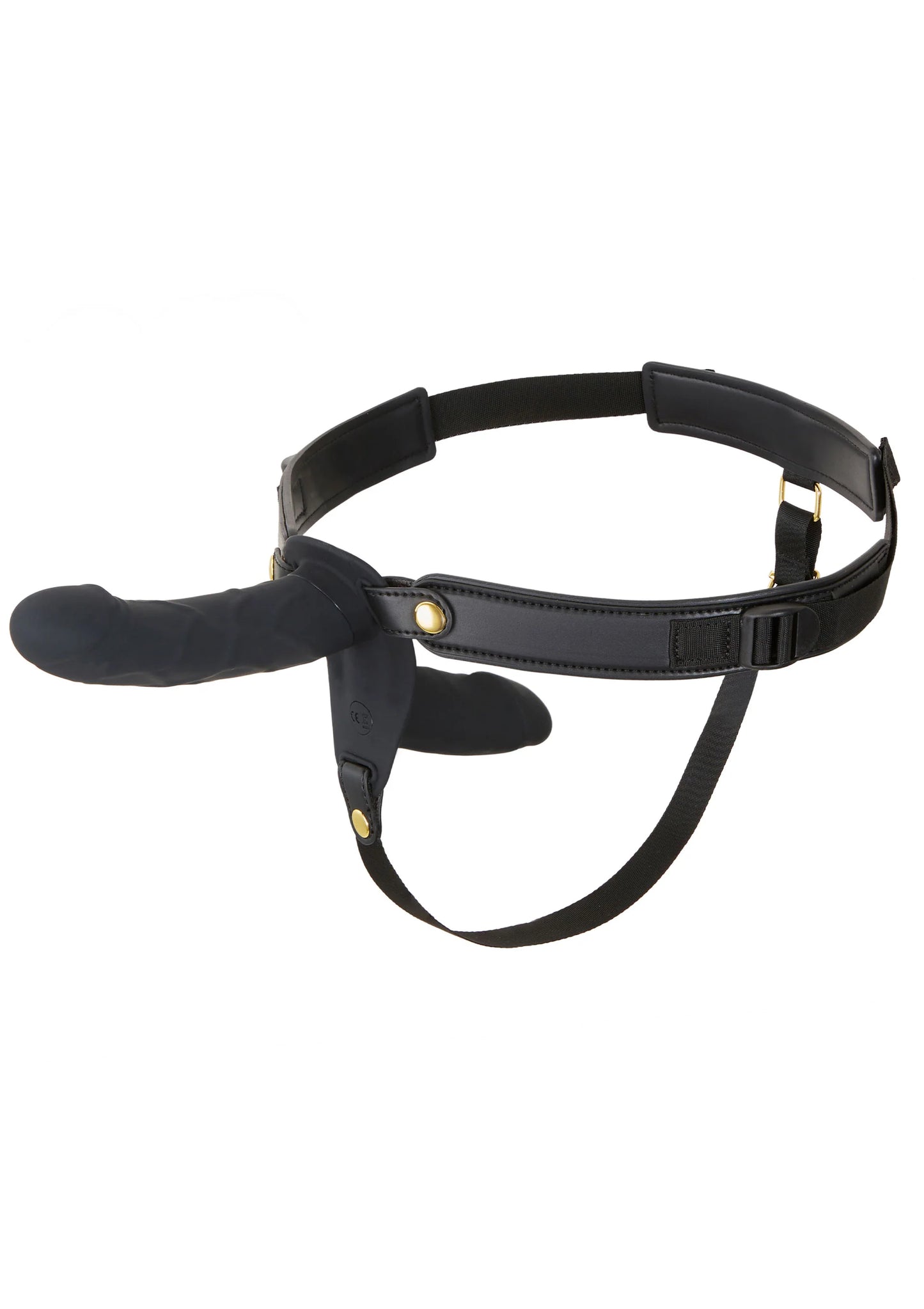 Zwarte strap-on dildovibrator met heupriem en T-strap, verstelbaar met gespen