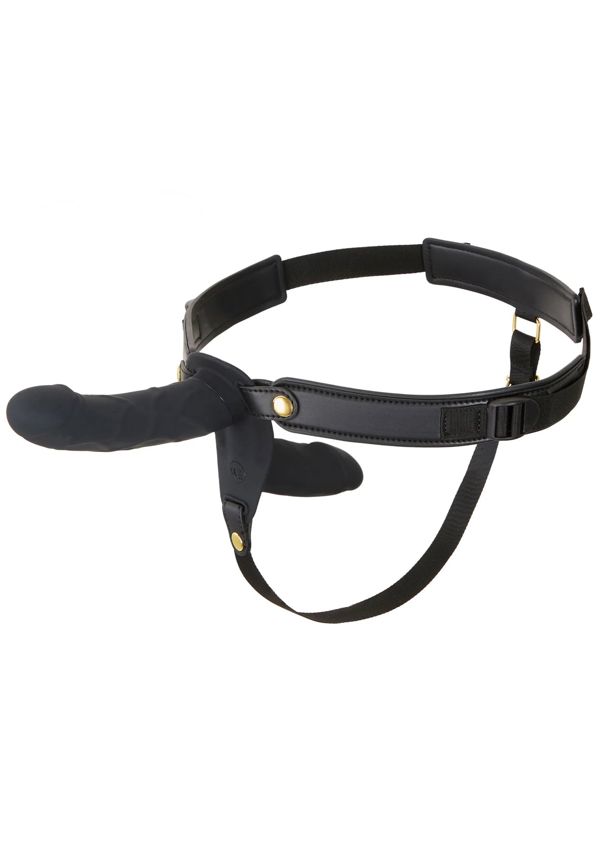 Zwarte strap-on dildovibrator met heupriem en T-strap, verstelbaar met gespen