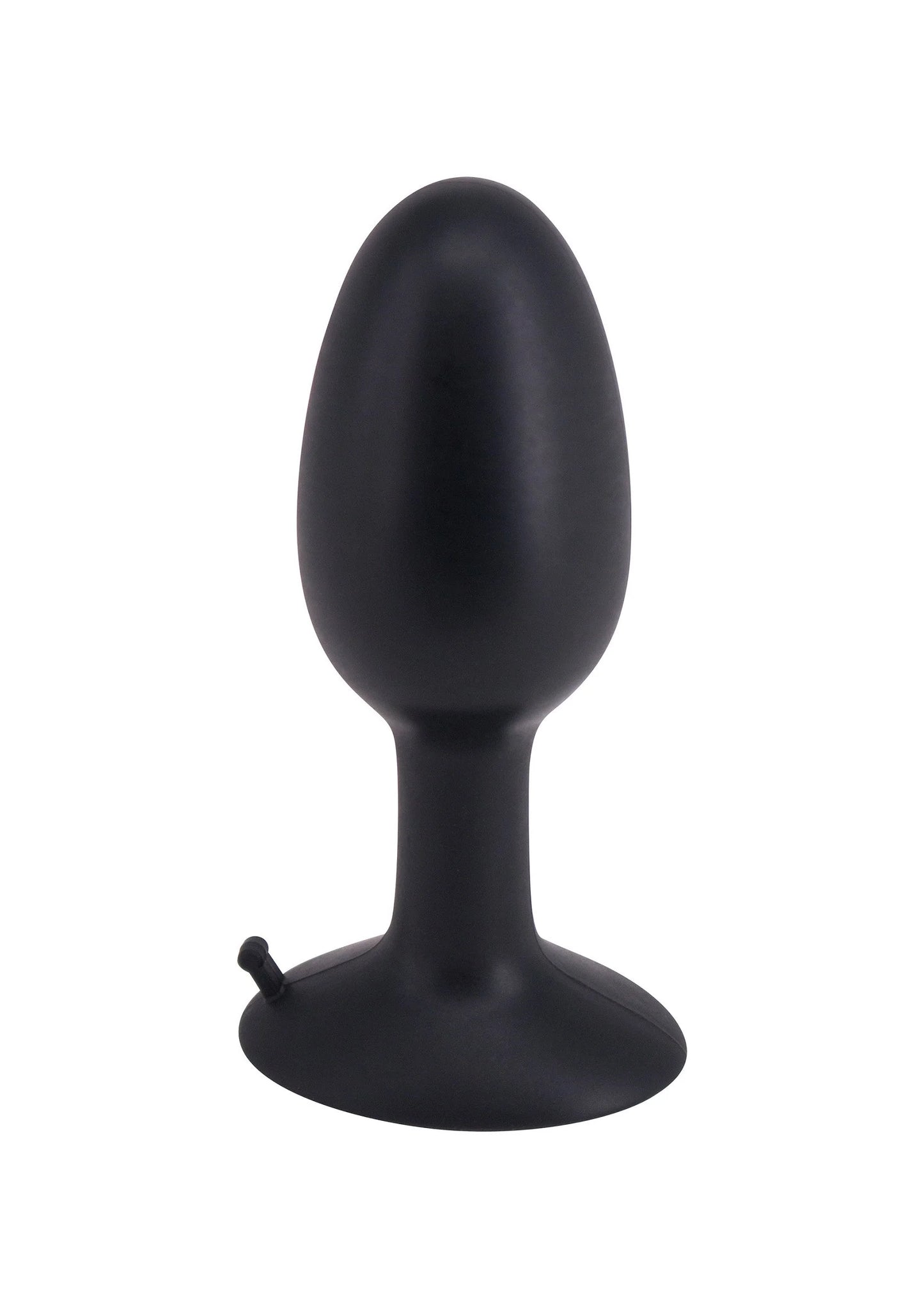 Zwarte anale plug met klein ringdetail en brede voet.