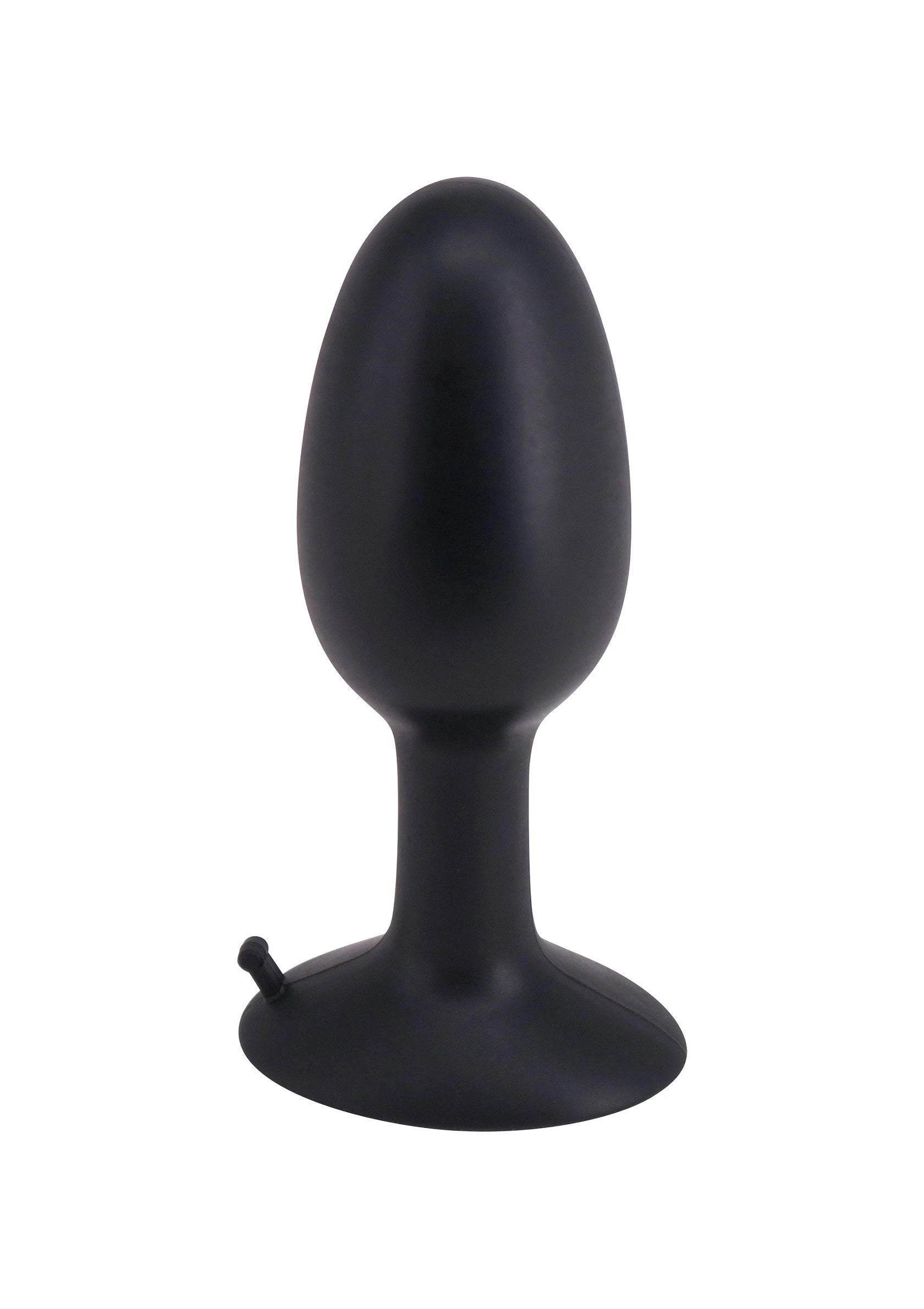 Zwarte anale plug met klein ringdetail en brede voet.