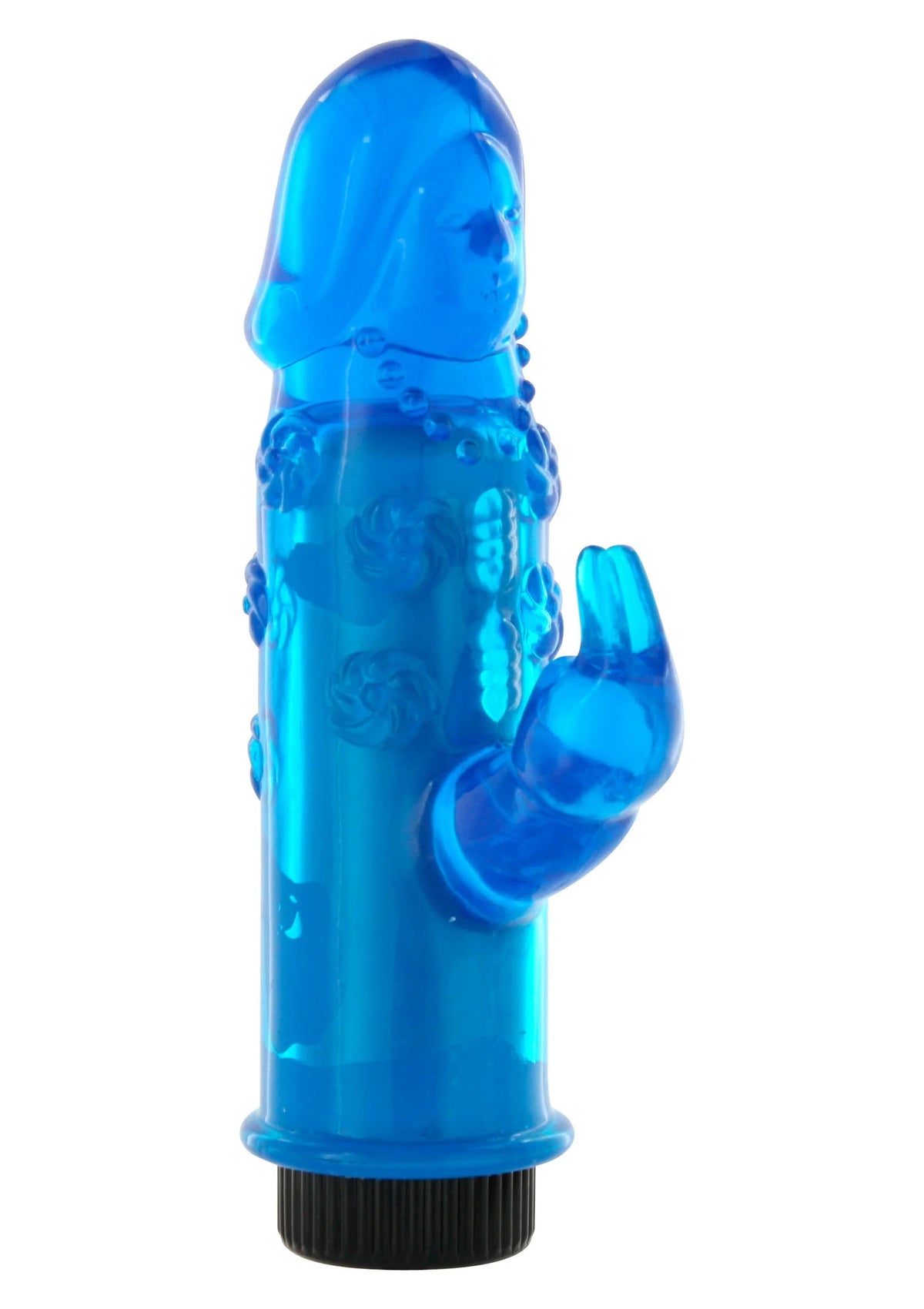 Blauwe konijnvibrator met ronde kop en handgreep met zwarte onderkant