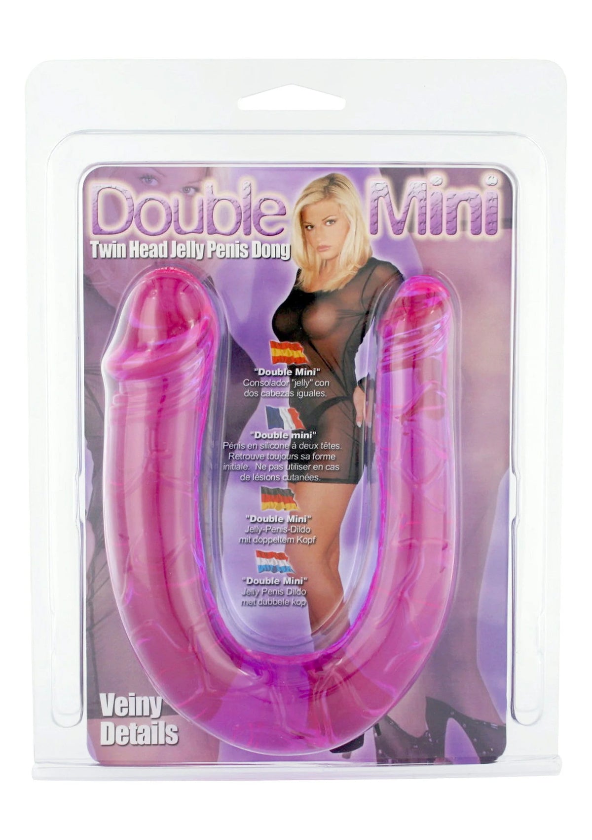 Roze dubbel mini dong verpakking met productafbeelding en tekstblokken.