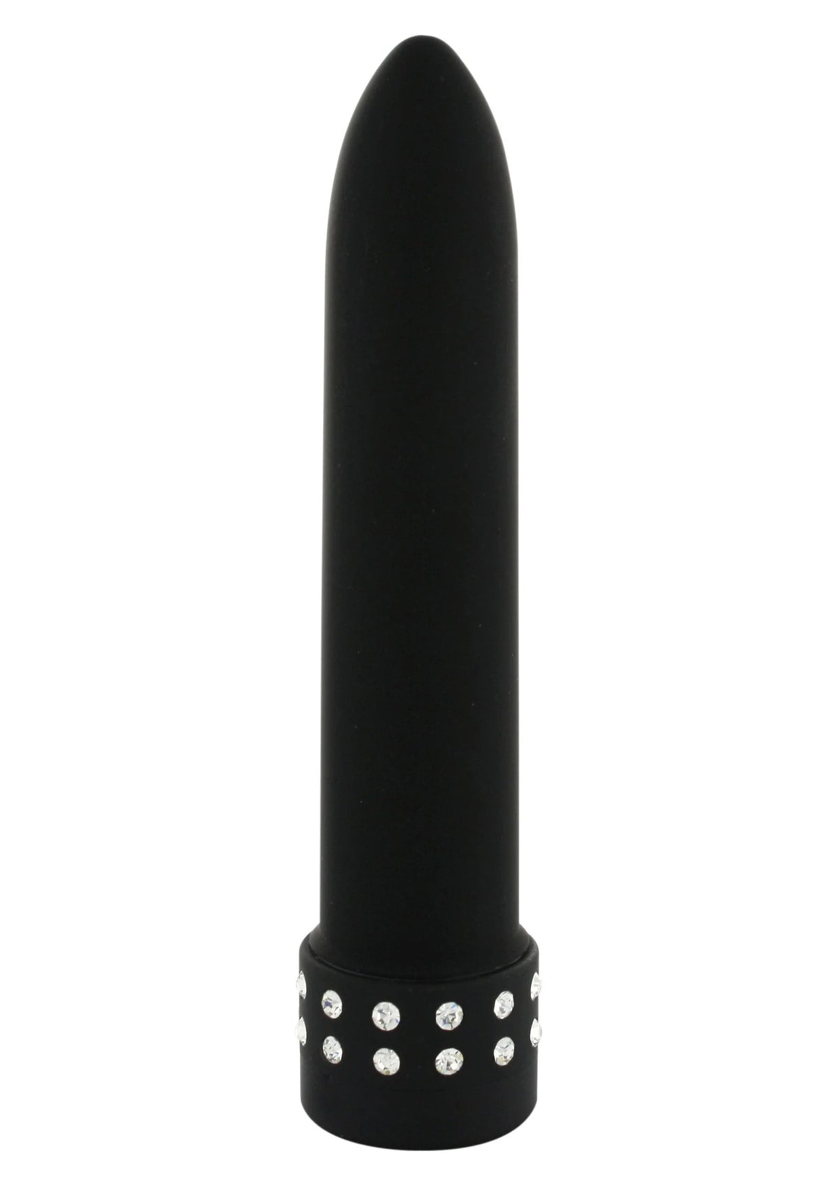 Zwarte bulletvibrator met glad ontwerp en steentjesring onderaan.