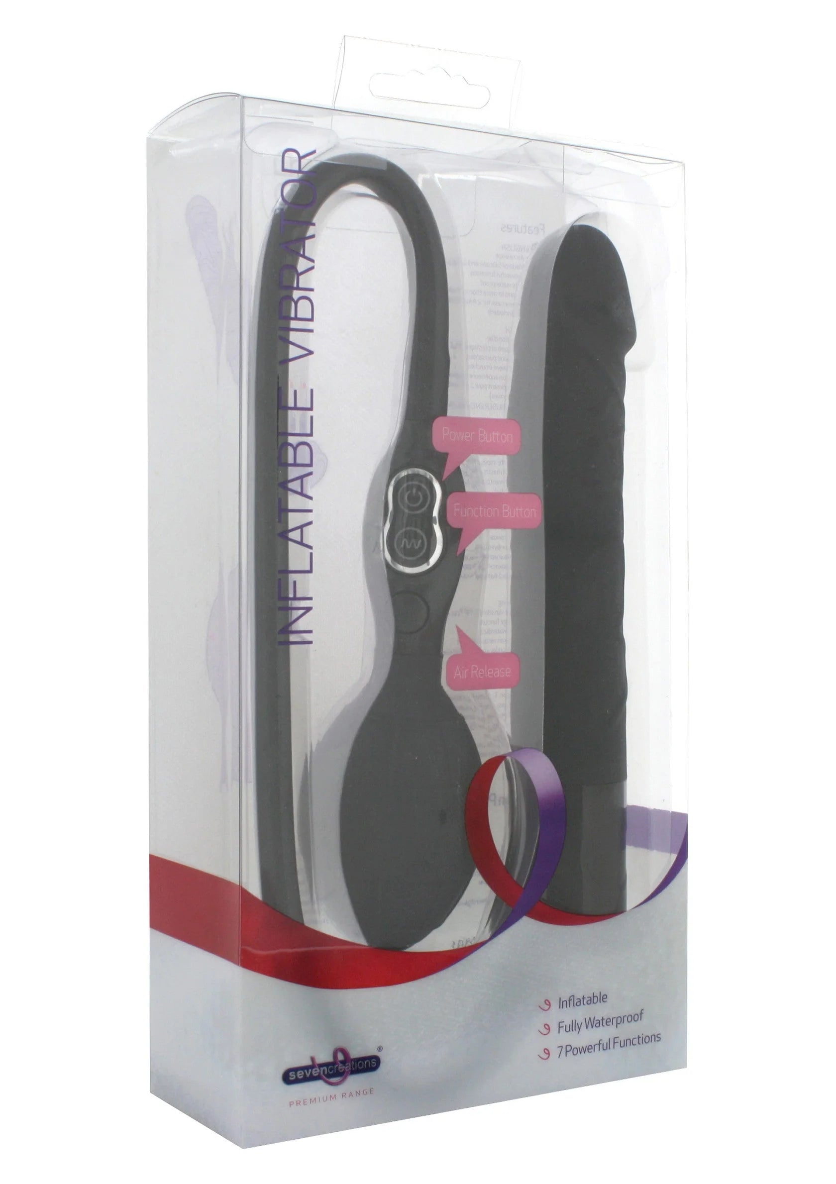 Doosverpakking van opblaasbare vibrator met zwarte vorm en zichtbare bedieningsknoppen