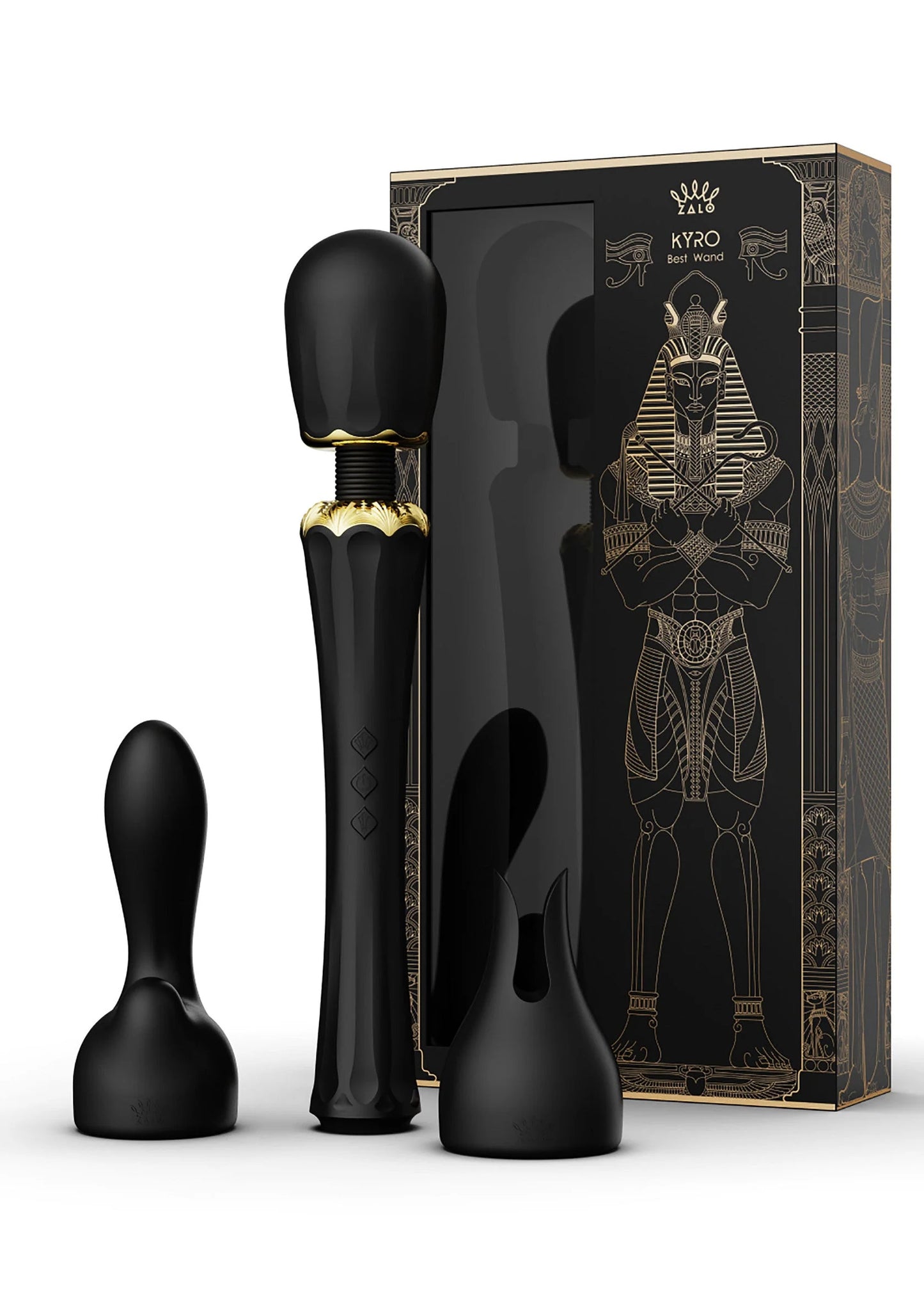 Zwarte Kyro-wandvibrator van Zalo in verpakking met bijpassende opzetstukken