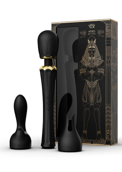 Zwarte Kyro-wandvibrator van Zalo in verpakking met bijpassende opzetstukken