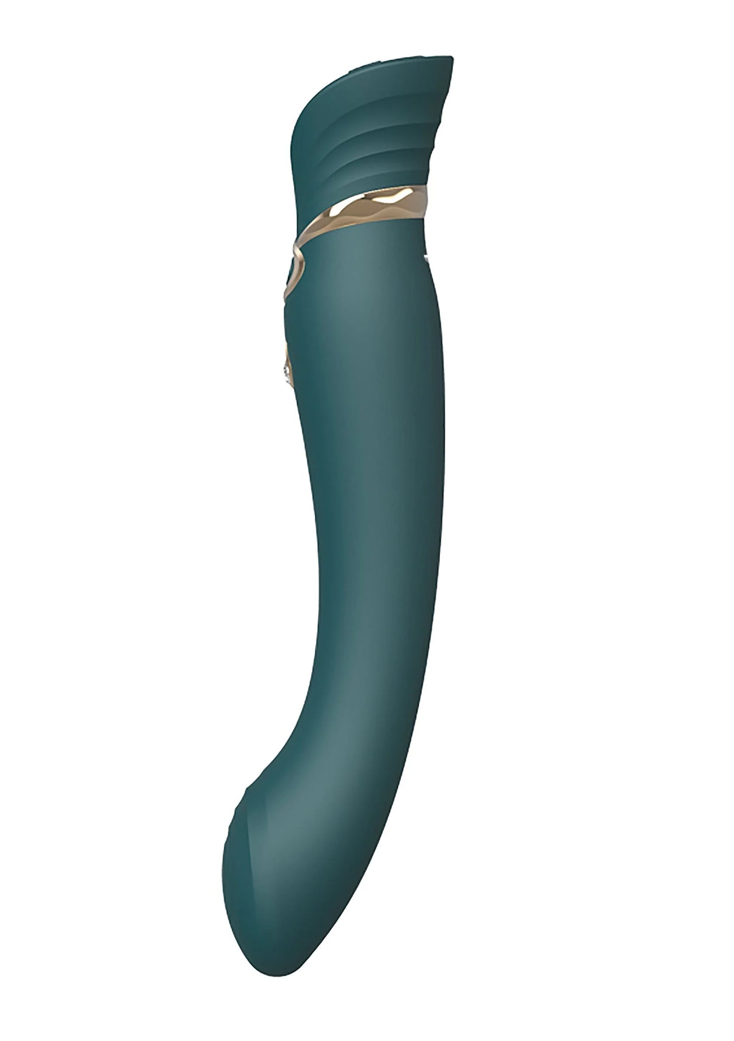 Teal G-spot vibratorspeeltje, zijaanzicht met gouden ring en glinsterende knop
