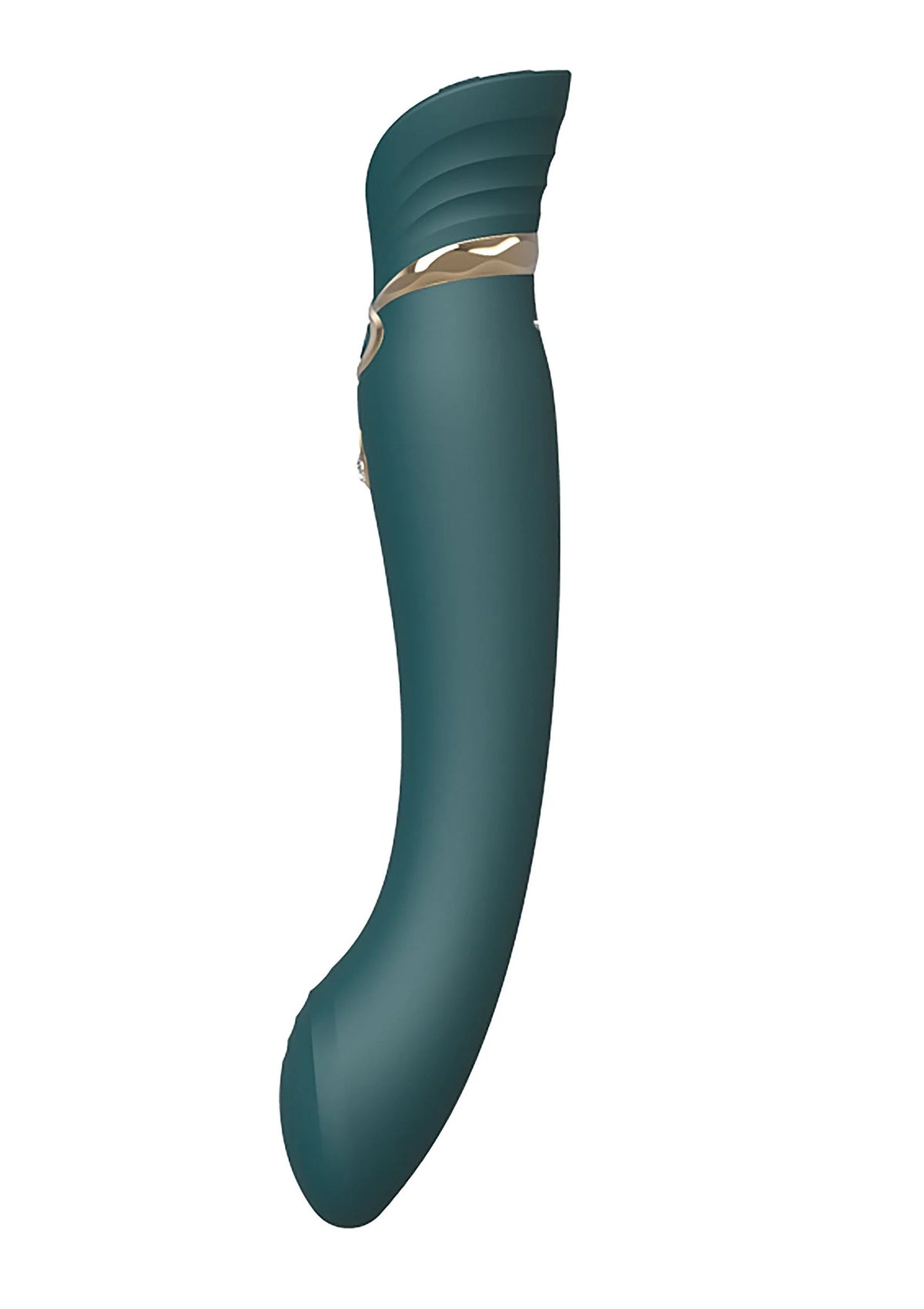 Teal G-spot vibratorspeeltje, zijaanzicht met gouden ring en glinsterende knop