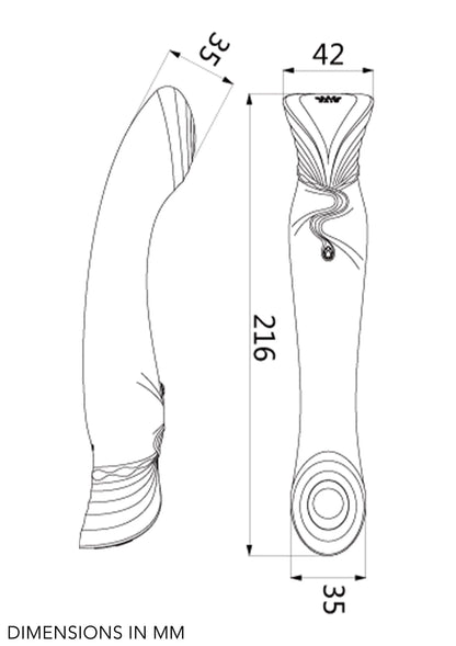 Afmetingenschets van G-spot vibrator: 216 mm lengte en 42 mm breedte (diagram)