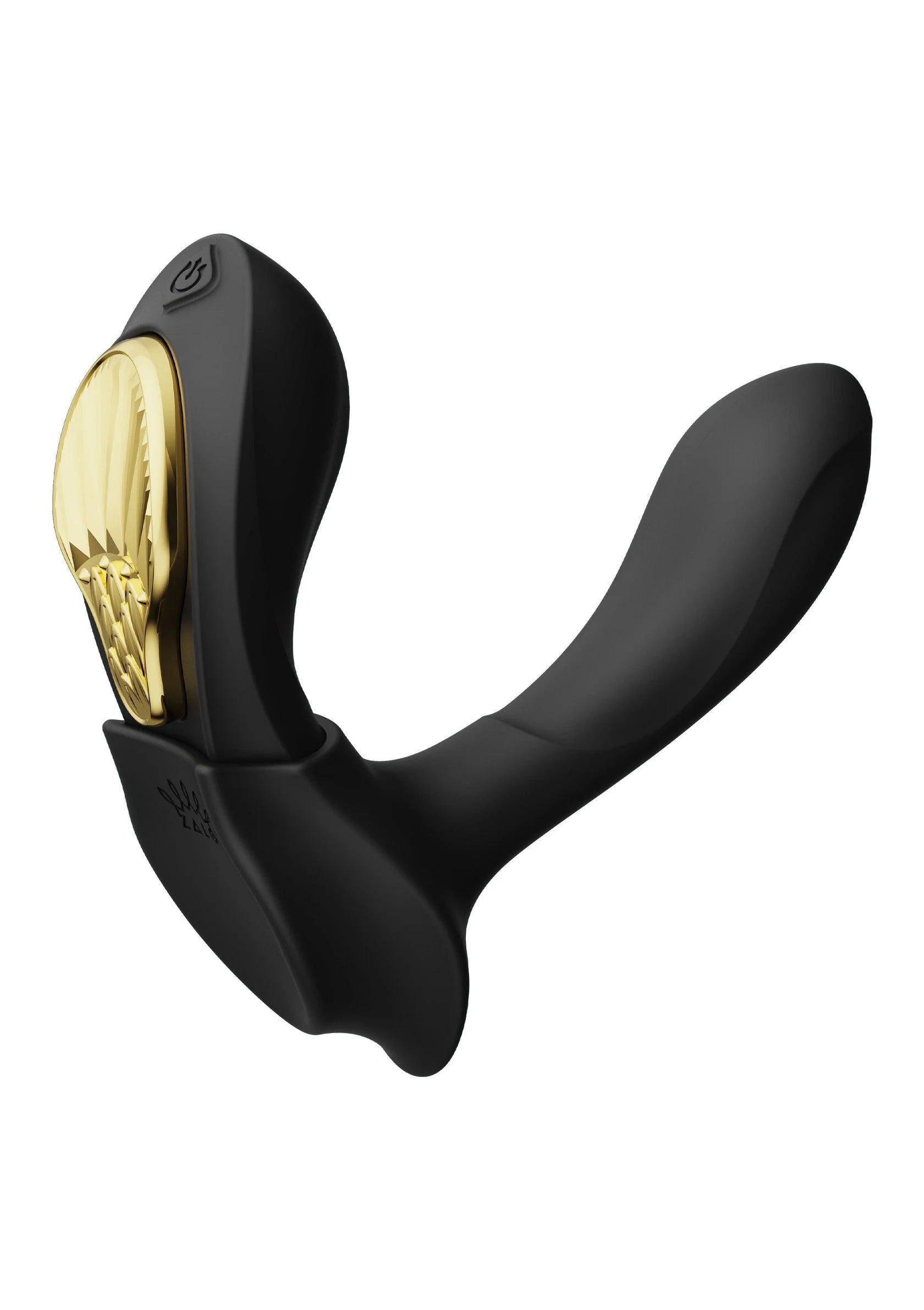 Draagbare vibrator in gebogen Y-vorm, zwarte behuizing met gouden binnenkant links.