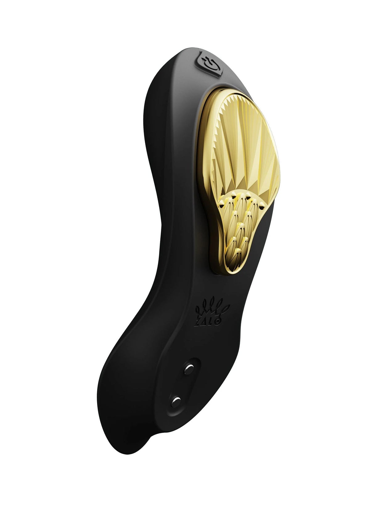 Zwarte draagbare vibrator met gouden opzet aan de zijkant
