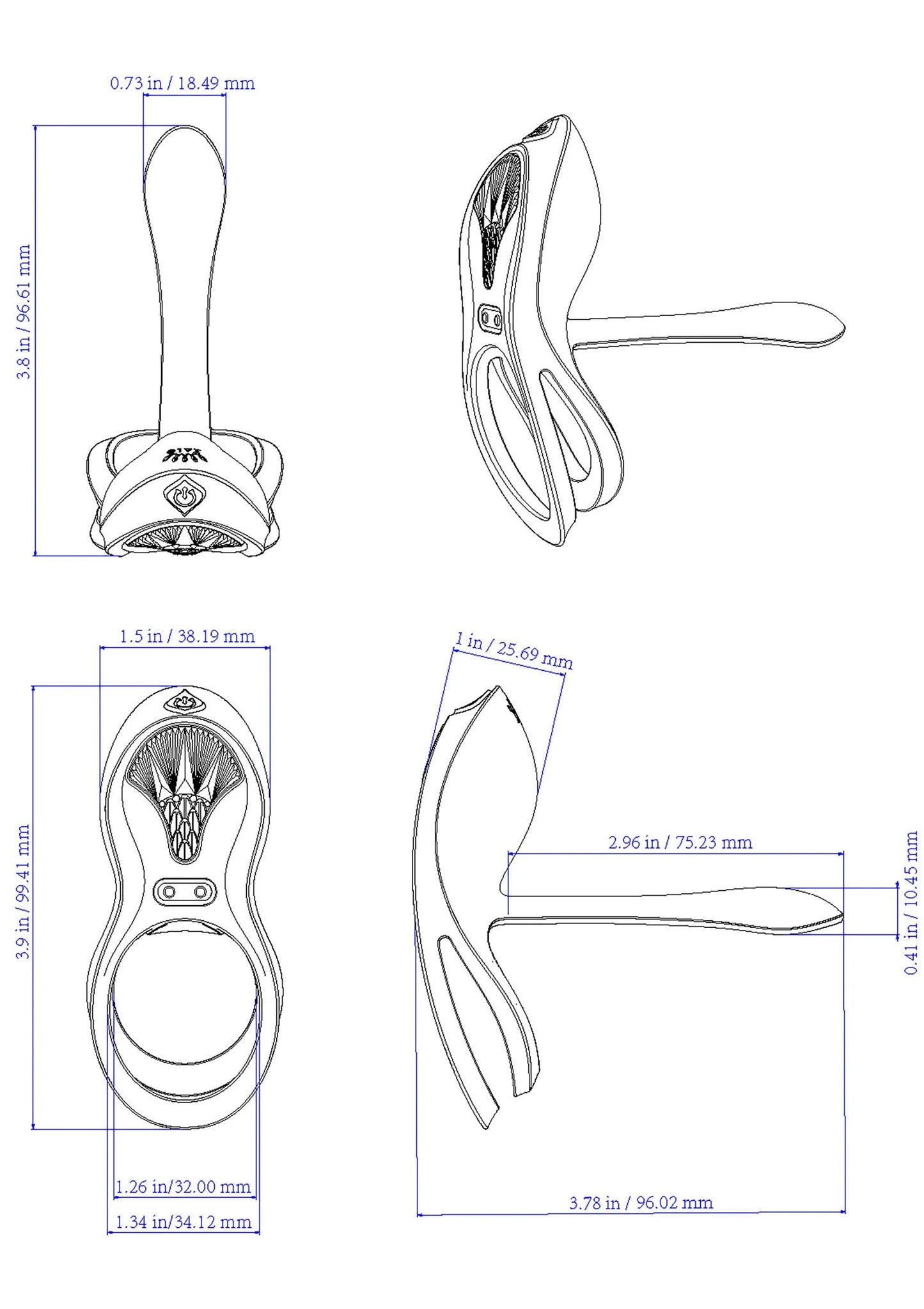 Technische schets met afmetingen van cockring-vibrator en ovale afstandsbediening.