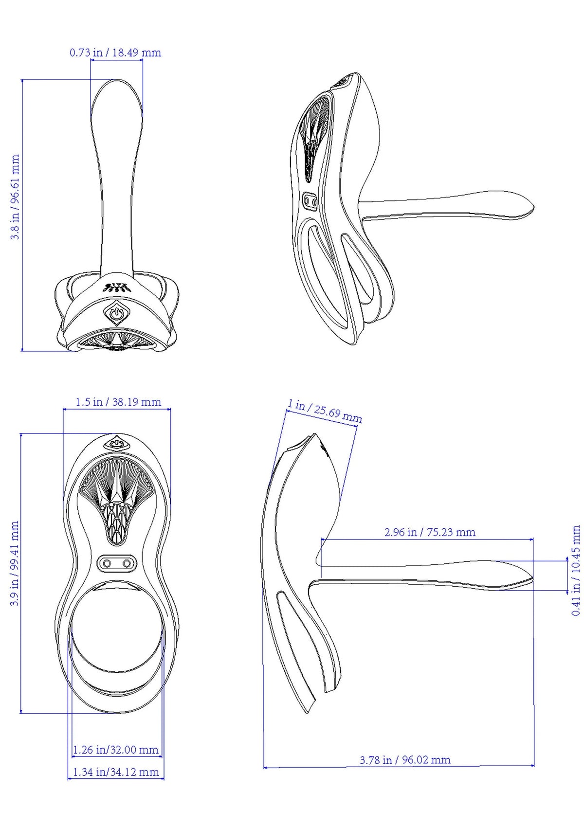 Technische schets met afmetingen van cockring-vibrator en ovale afstandsbediening.