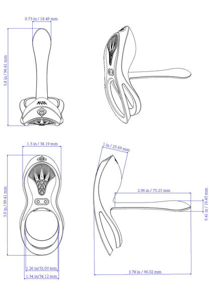 Technische schets met afmetingen van cockring-vibrator en ovale afstandsbediening.