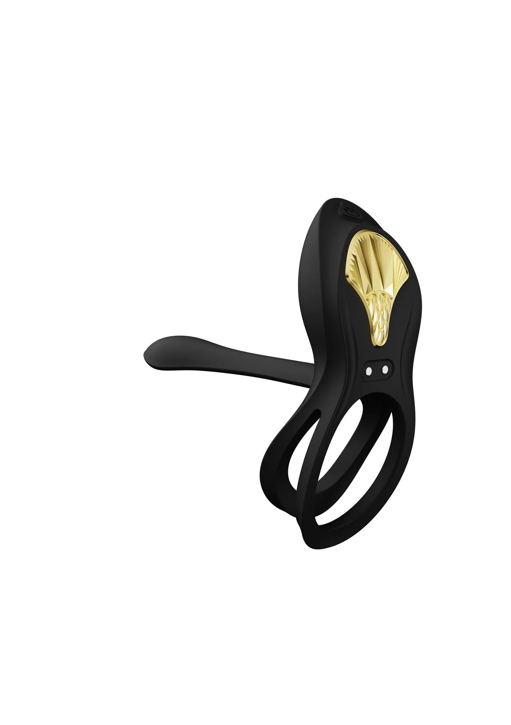 Zwarte cockring-vibrator met brede lus en gouden inzet op de ovale kop.
