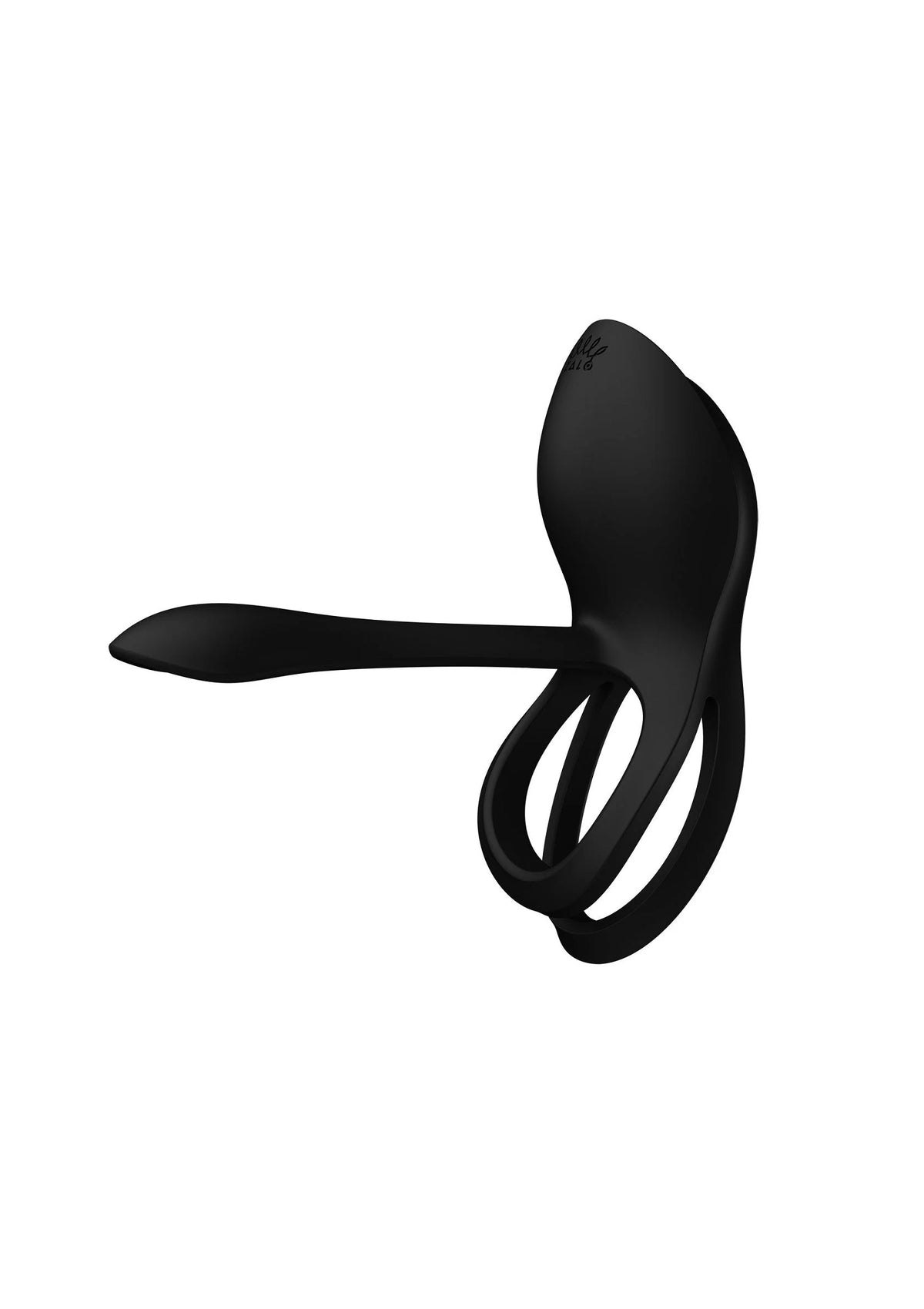Zwarte cockring-vibrator met lang ovaal uiteinde en dubbele ringlus
