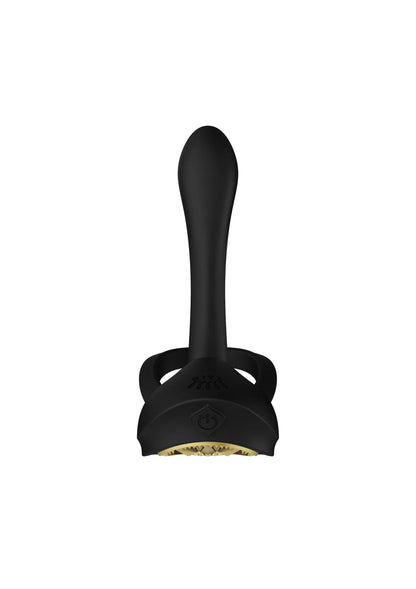 Zwarte cockring-vibrator met smalle staaf en ringbeugel aan de basis