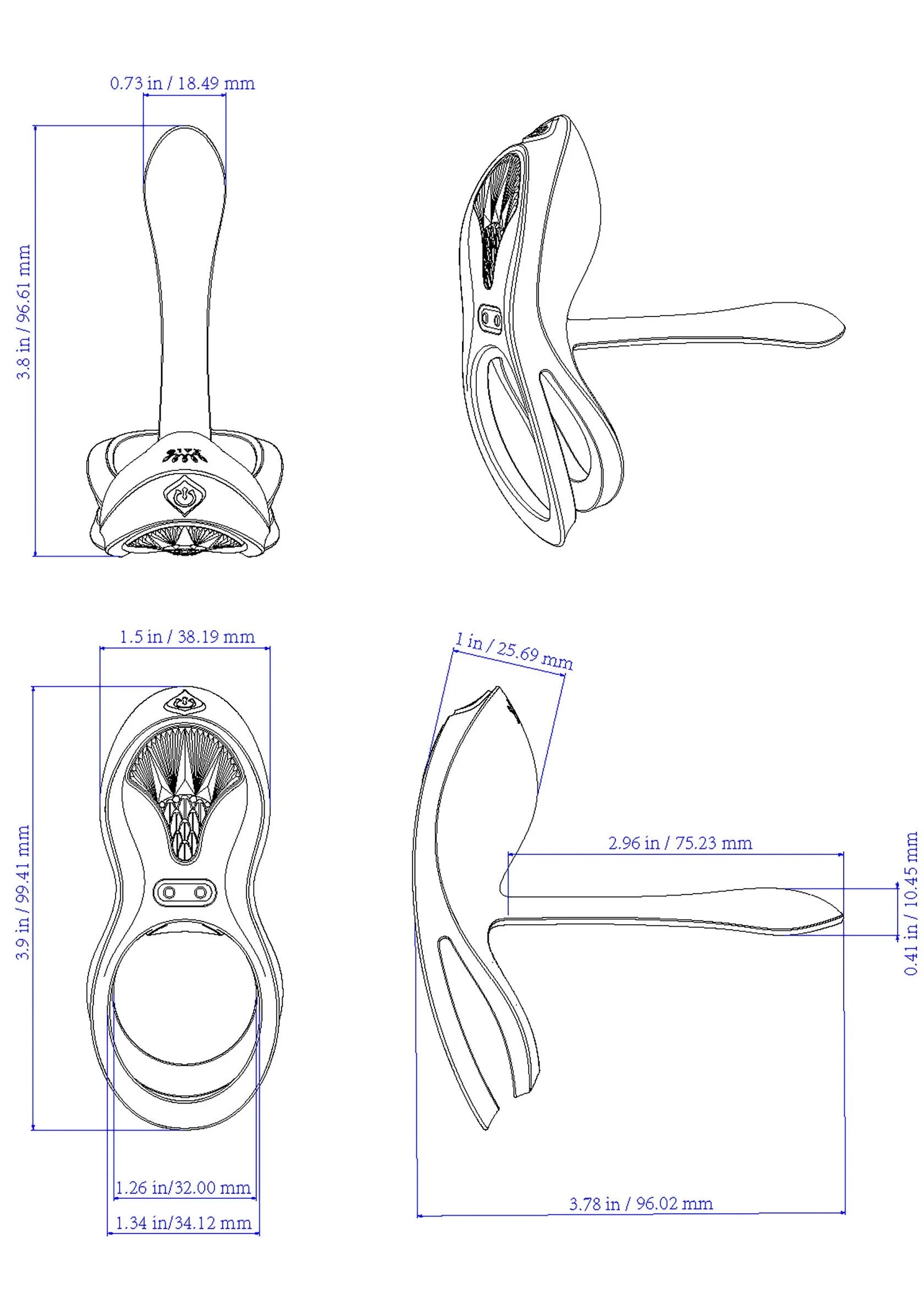 Technische tekening van cockring-vibrator met afstandsbediening en afmetingen