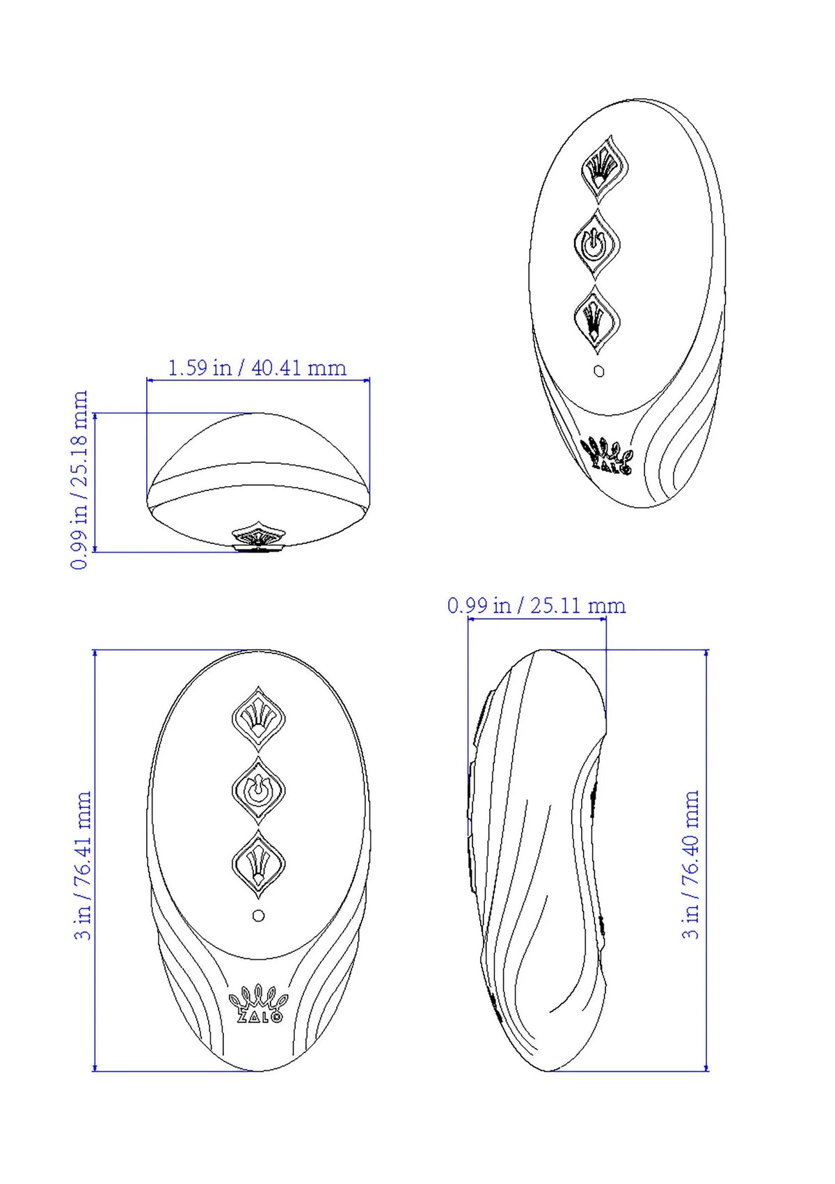 Technische tekening van cockring-vibrator met detail van knop en ring